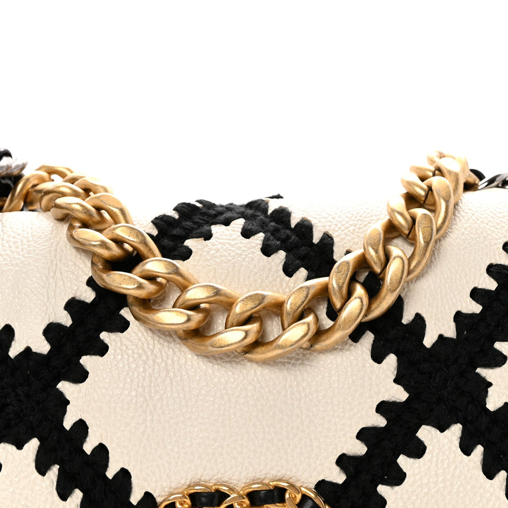 Chanel Calfskin Crochet Medium Chanel 19 Flap White Black