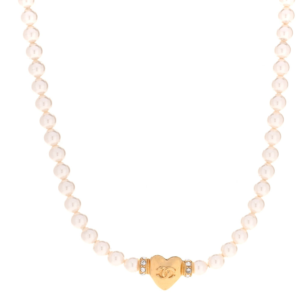Crystal Pearl CC Heart Choker Necklace Gold