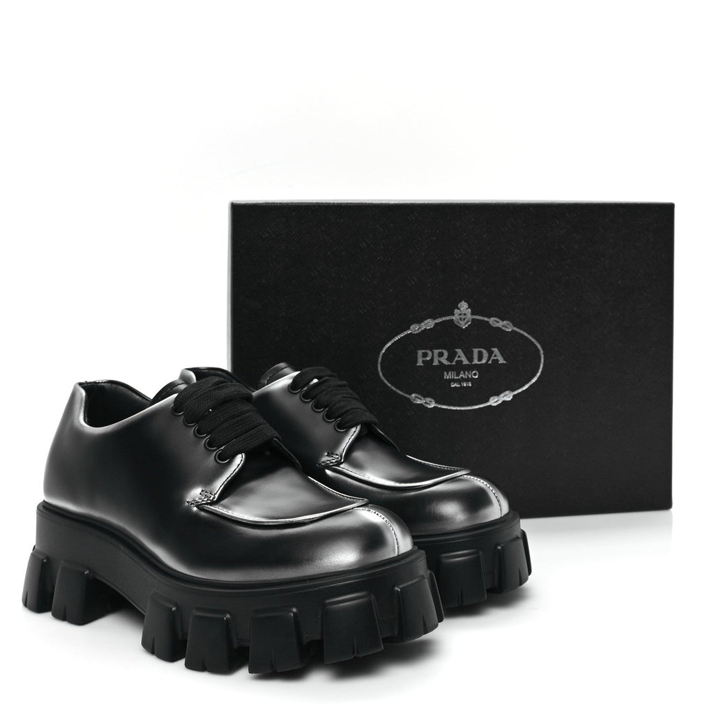 Prada Spazzolato Rois Sfumato Monolith 55mm Derby Loafers 5.5 Black Argento