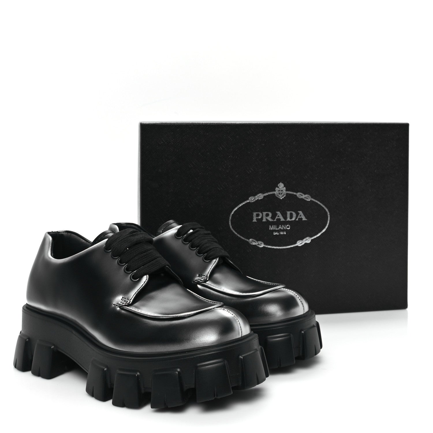 Prada Spazzolato Rois Sfumato Monolith 55mm Derby Loafers 5.5 Black Argento