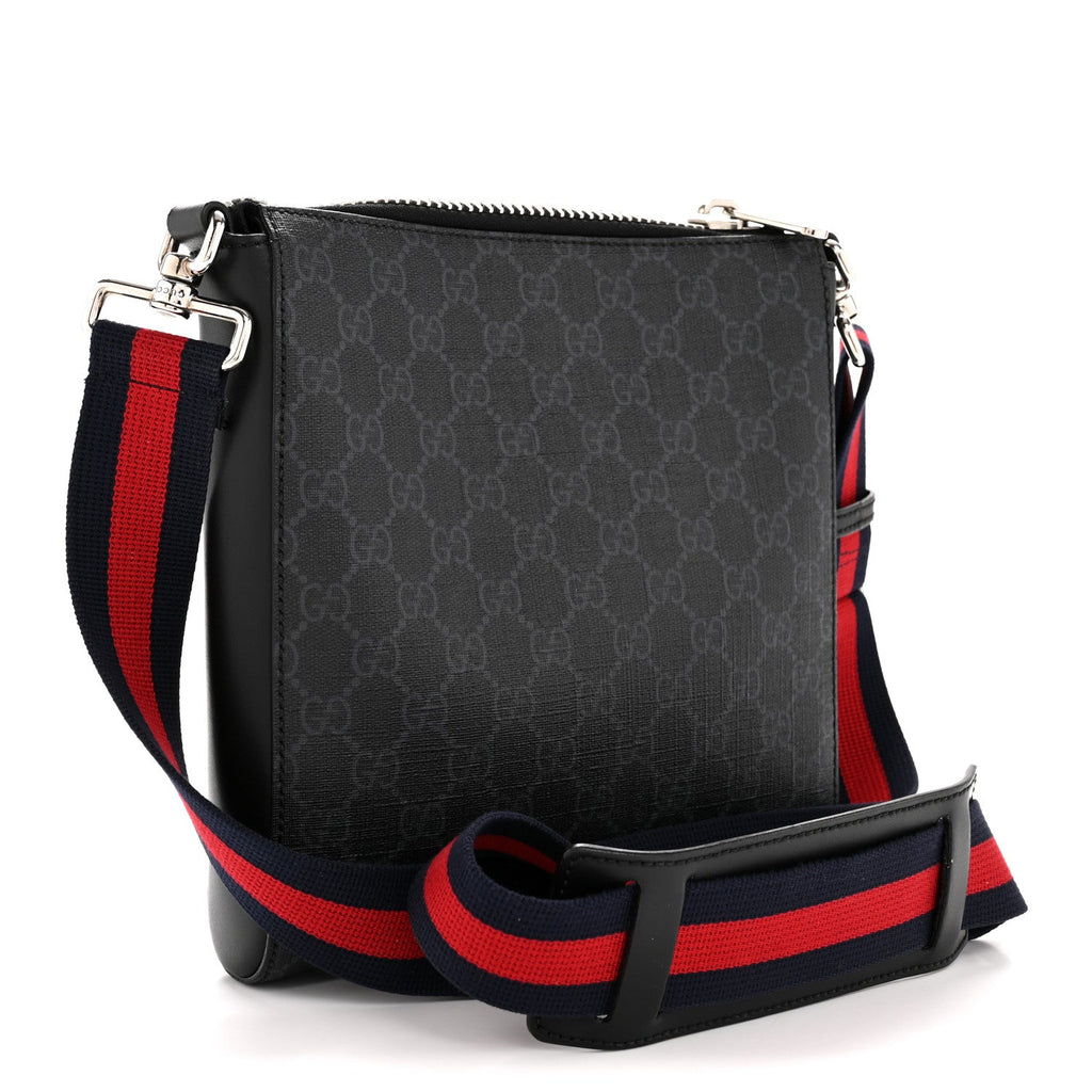 Gucci GG Supreme Monogram Web Small Flat Messenger Bag Black Grey