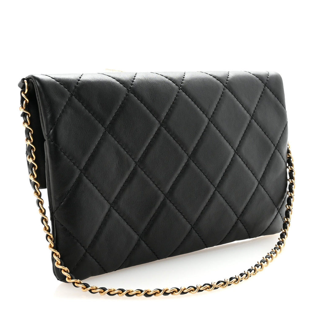Chanel Calfskin Quilted Fold Over Clutch Black