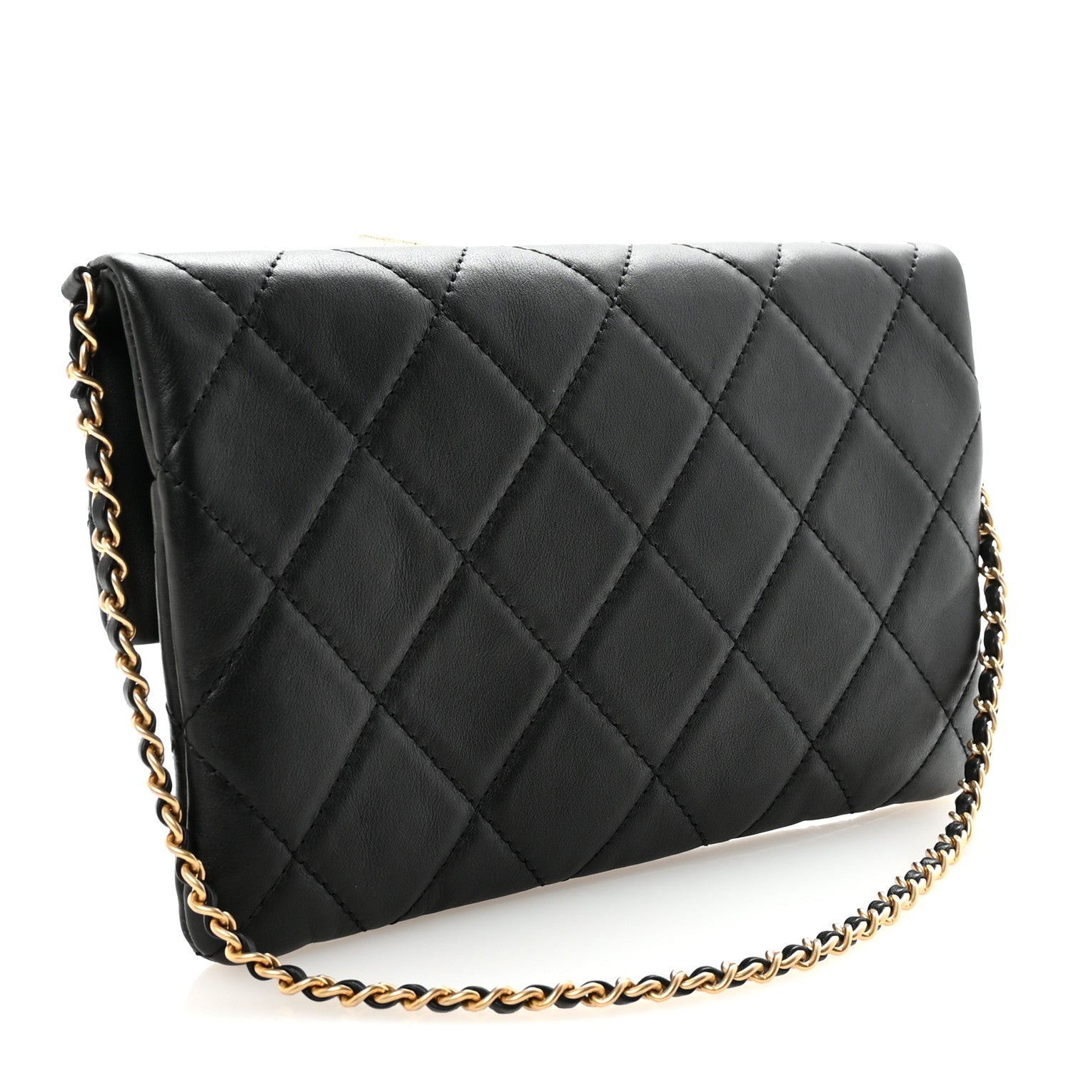 Chanel Calfskin Quilted Fold Over Clutch Black