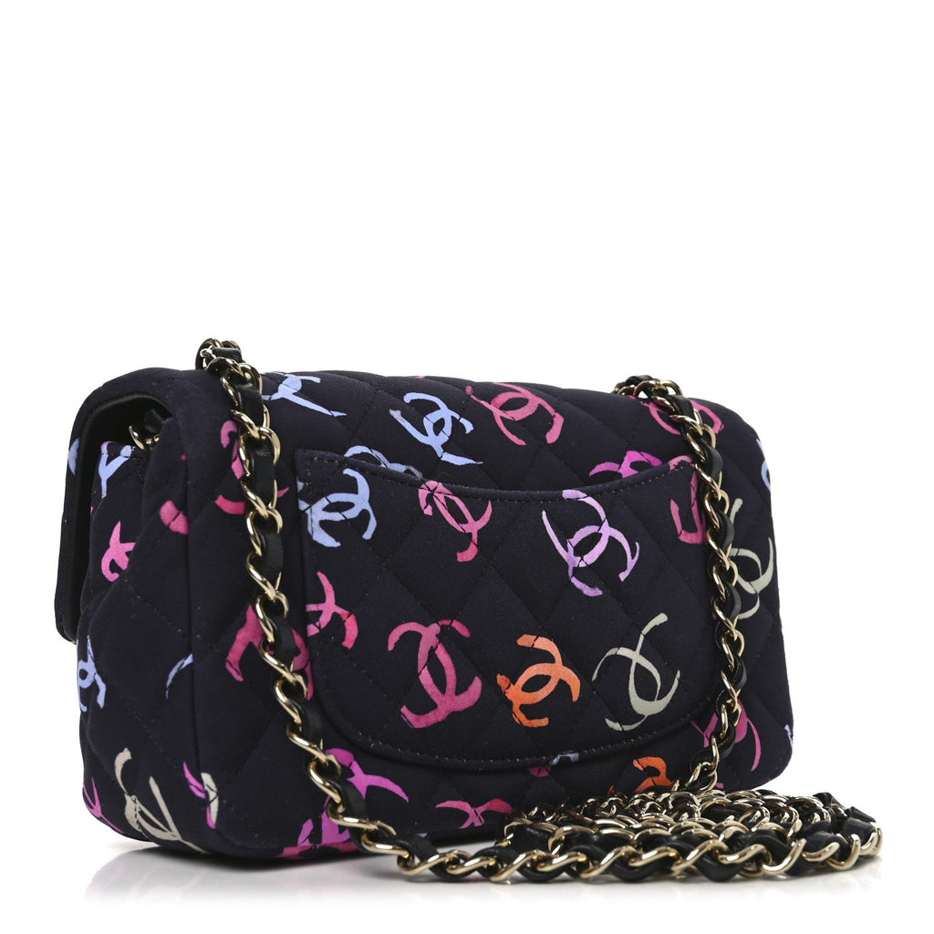 Chanel Printed Fabric Quilted Mini Rectangular Flap Black Pink Blue Yellow Orange