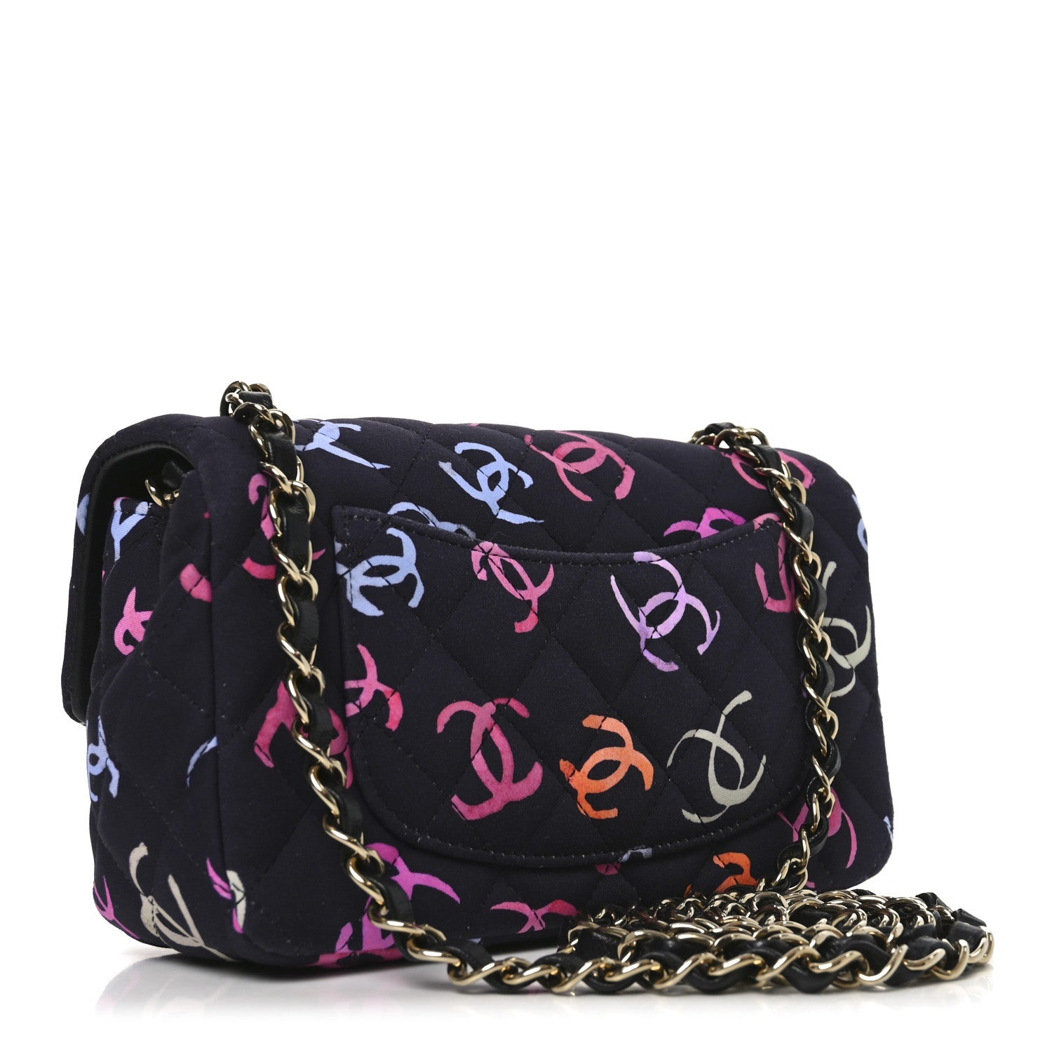 Chanel Printed Fabric Quilted Mini Rectangular Flap Black Pink Blue Yellow Orange