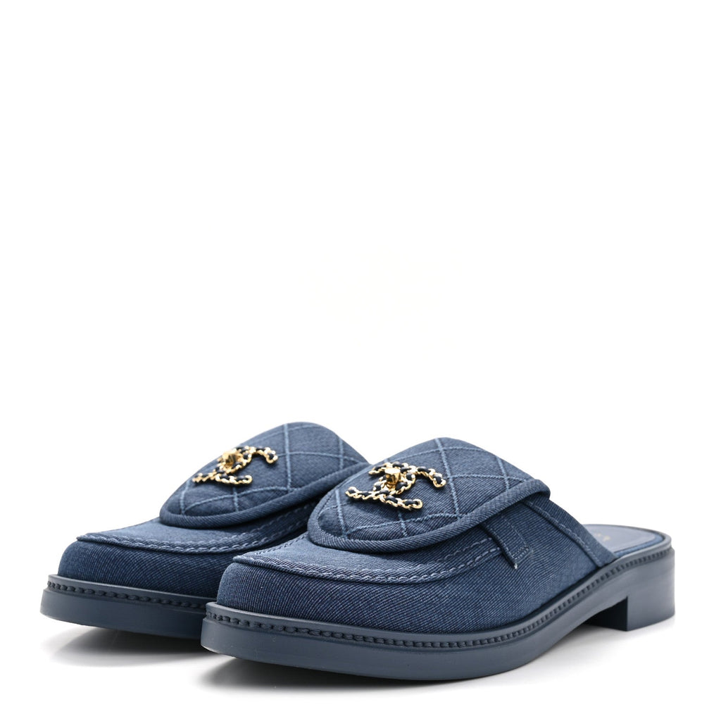 Fabric Quilted CC Turnlock Mules 39 Blue
