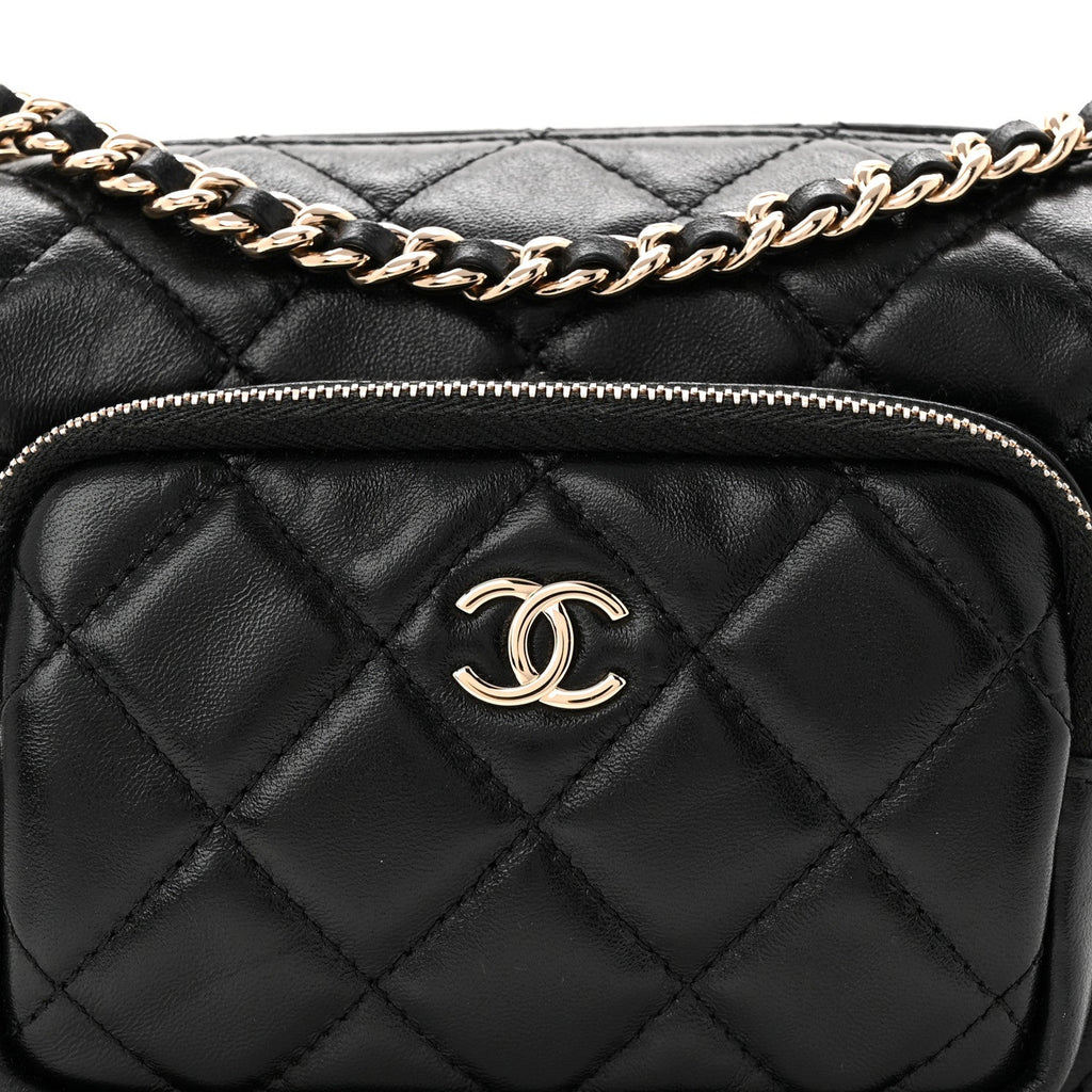 Chanel Shiny Crumpled Lambskin Quilted Small Preppy Pocket Camera Case Black