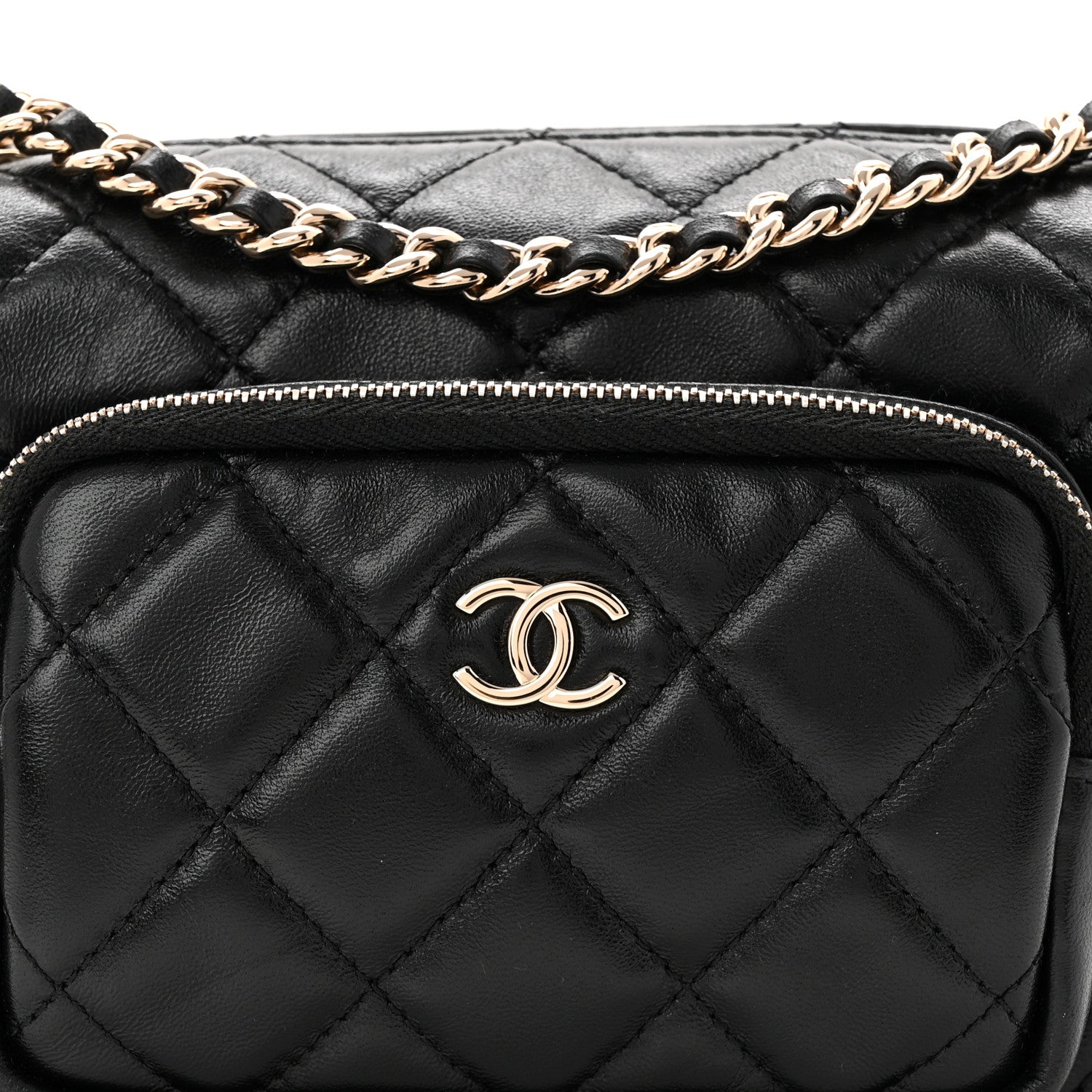 Chanel Shiny Crumpled Lambskin Quilted Small Preppy Pocket Camera Case Black
