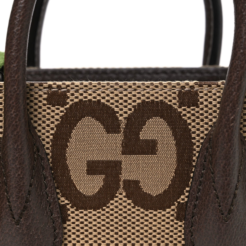 Gucci Monogram Jumbo GG Textured Dollar Calfskin Web Mini Vertical Tote Camel Ebony New Acero