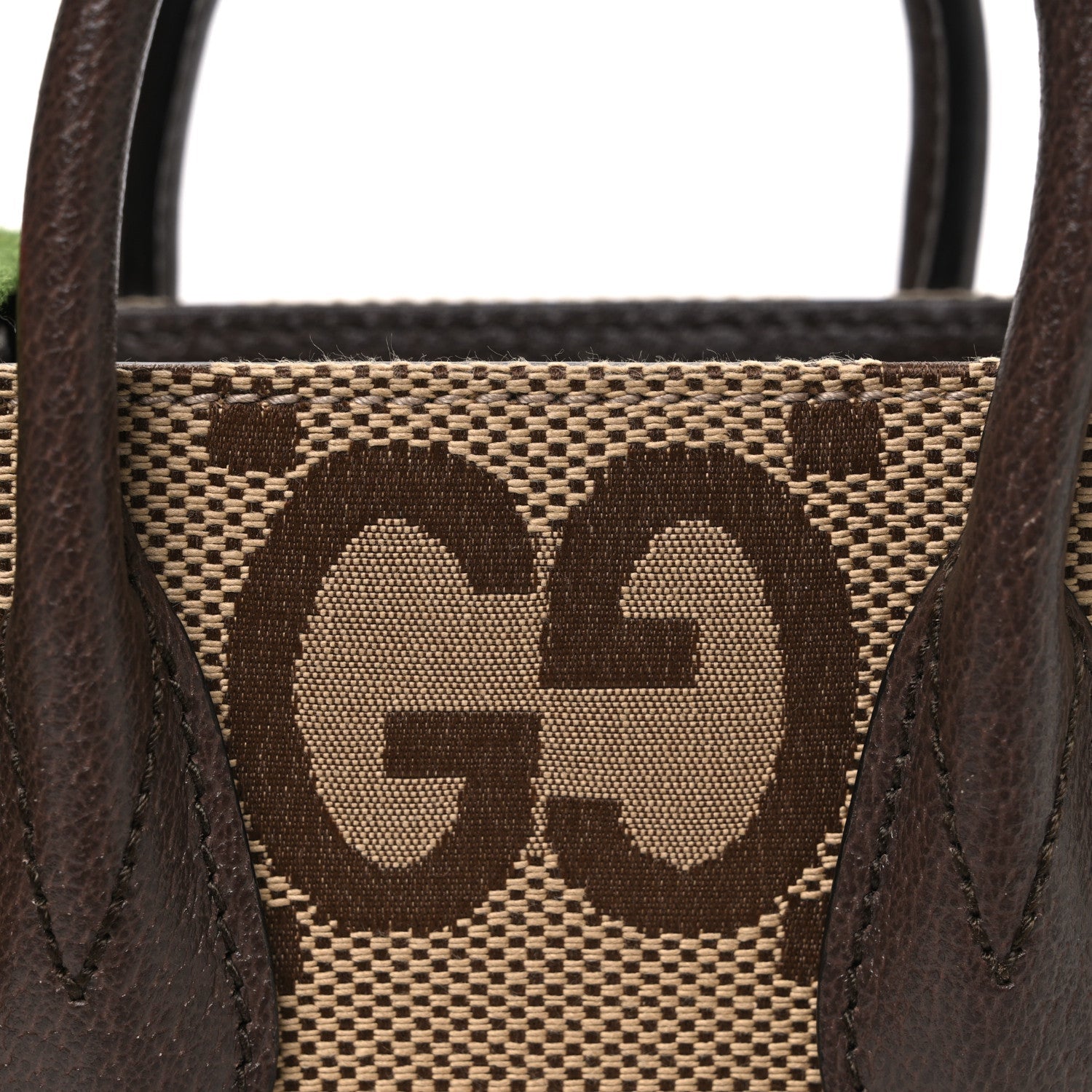 Gucci Monogram Jumbo GG Textured Dollar Calfskin Web Mini Vertical Tote Camel Ebony New Acero