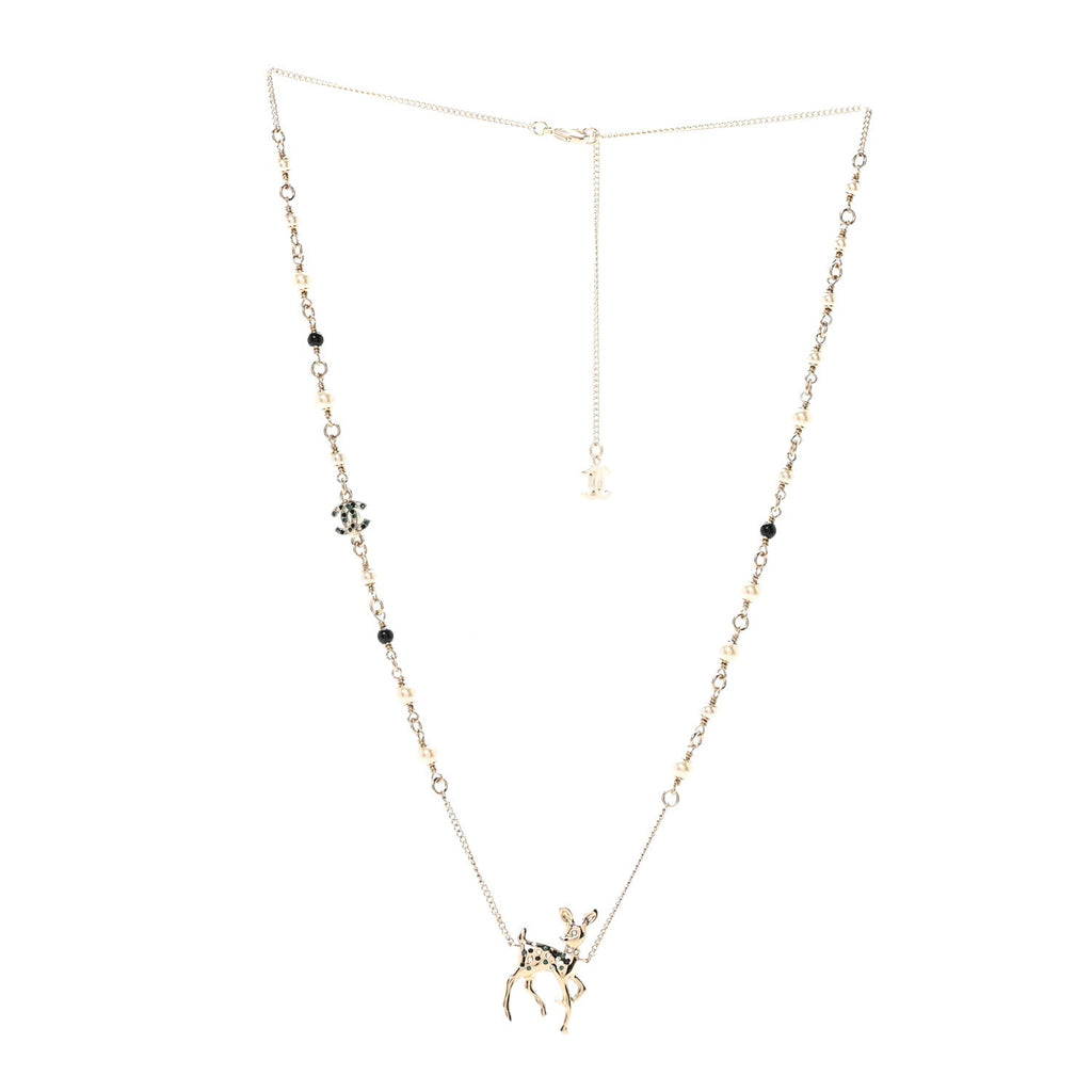 Metal Crystal Pearl Deer Pendant Necklace Green Black Gold