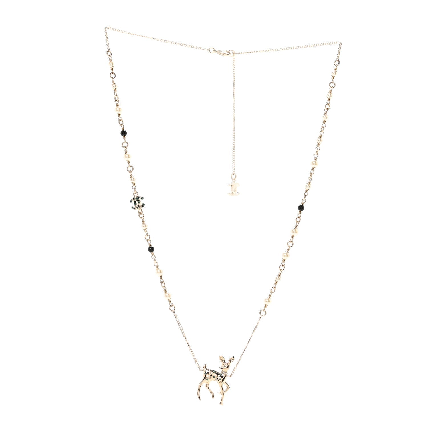Metal Crystal Pearl Deer Pendant Necklace Green Black Gold