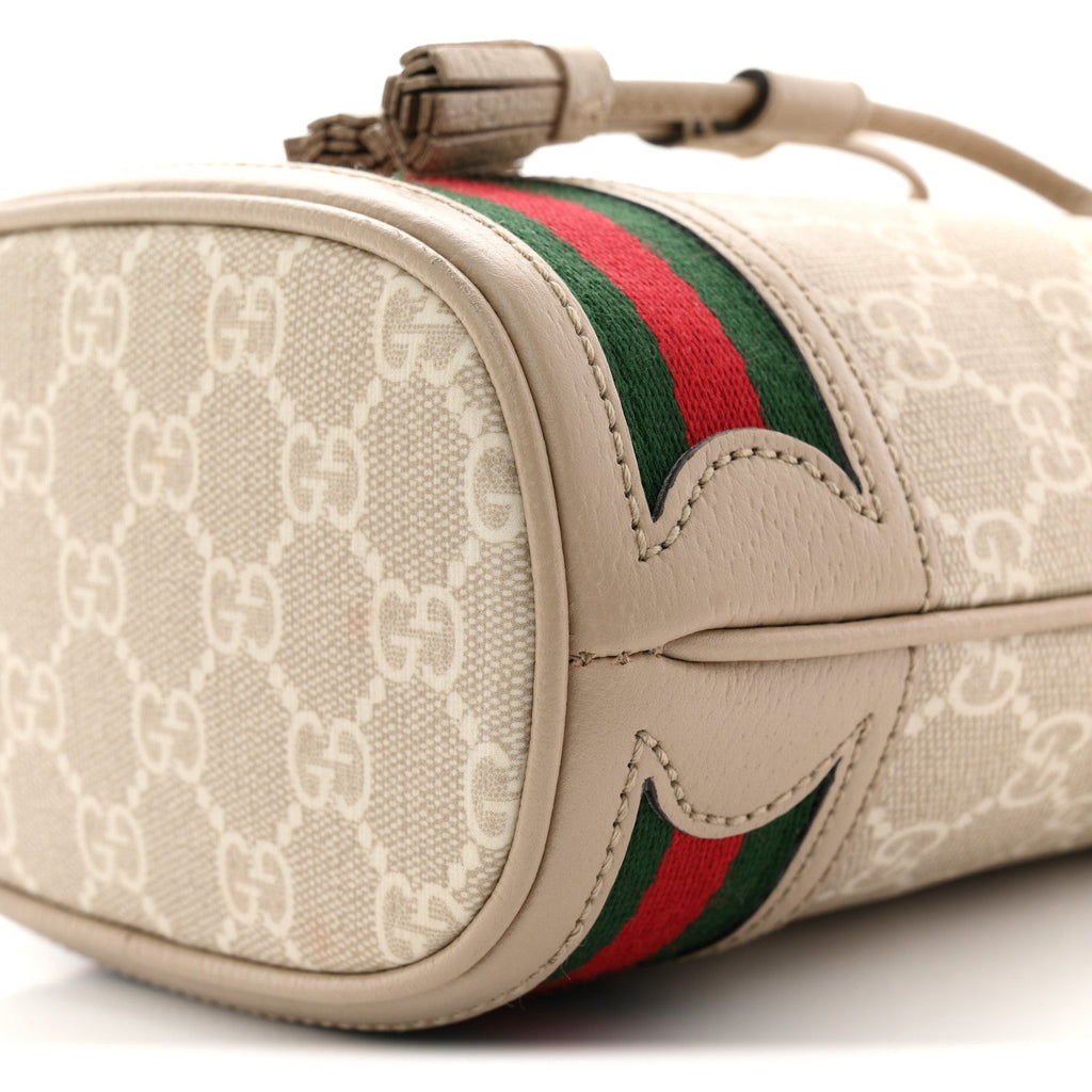 Gucci GG Supreme Monogram Textured Calfskin Web Mini Ophidia Bucket Bag Beige Ebony Mystic White Oatmeal