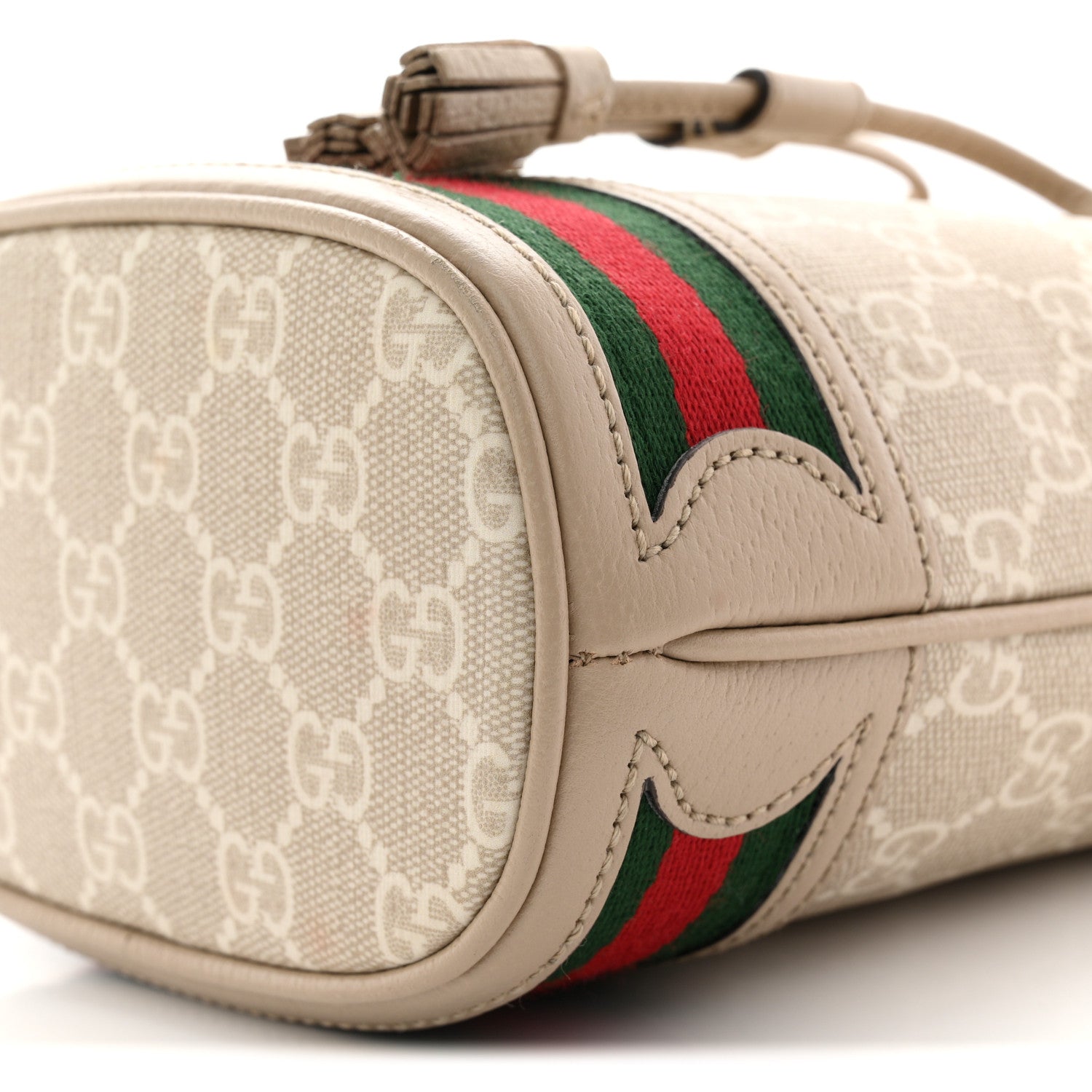 Gucci GG Supreme Monogram Textured Calfskin Web Mini Ophidia Bucket Bag Beige Ebony Mystic White Oatmeal