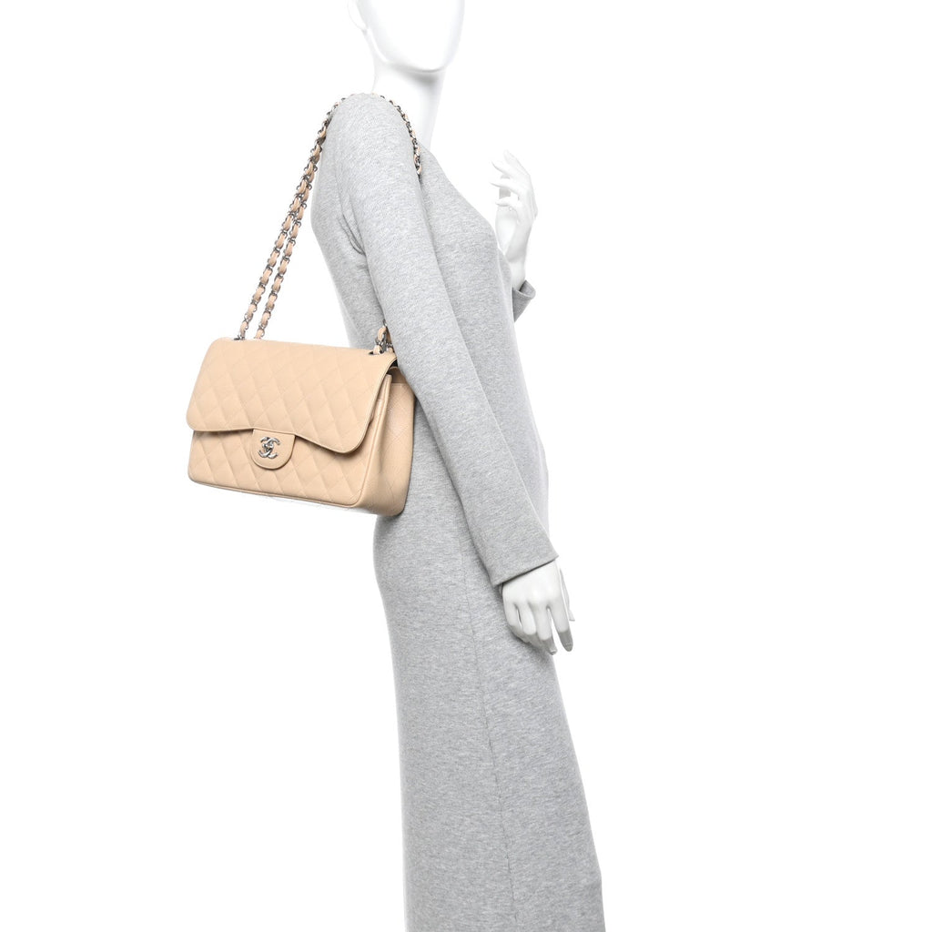 Chanel Caviar Quilted Jumbo Double Flap Light Beige