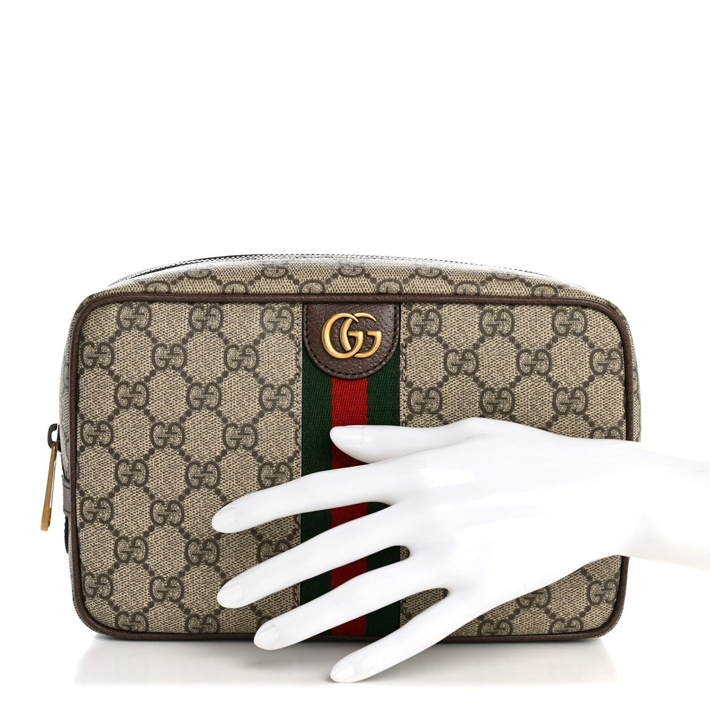 Gucci GG Supreme Monogram Textured Calfskin Web Small Cosmetic Case Beige Ebony New Acero