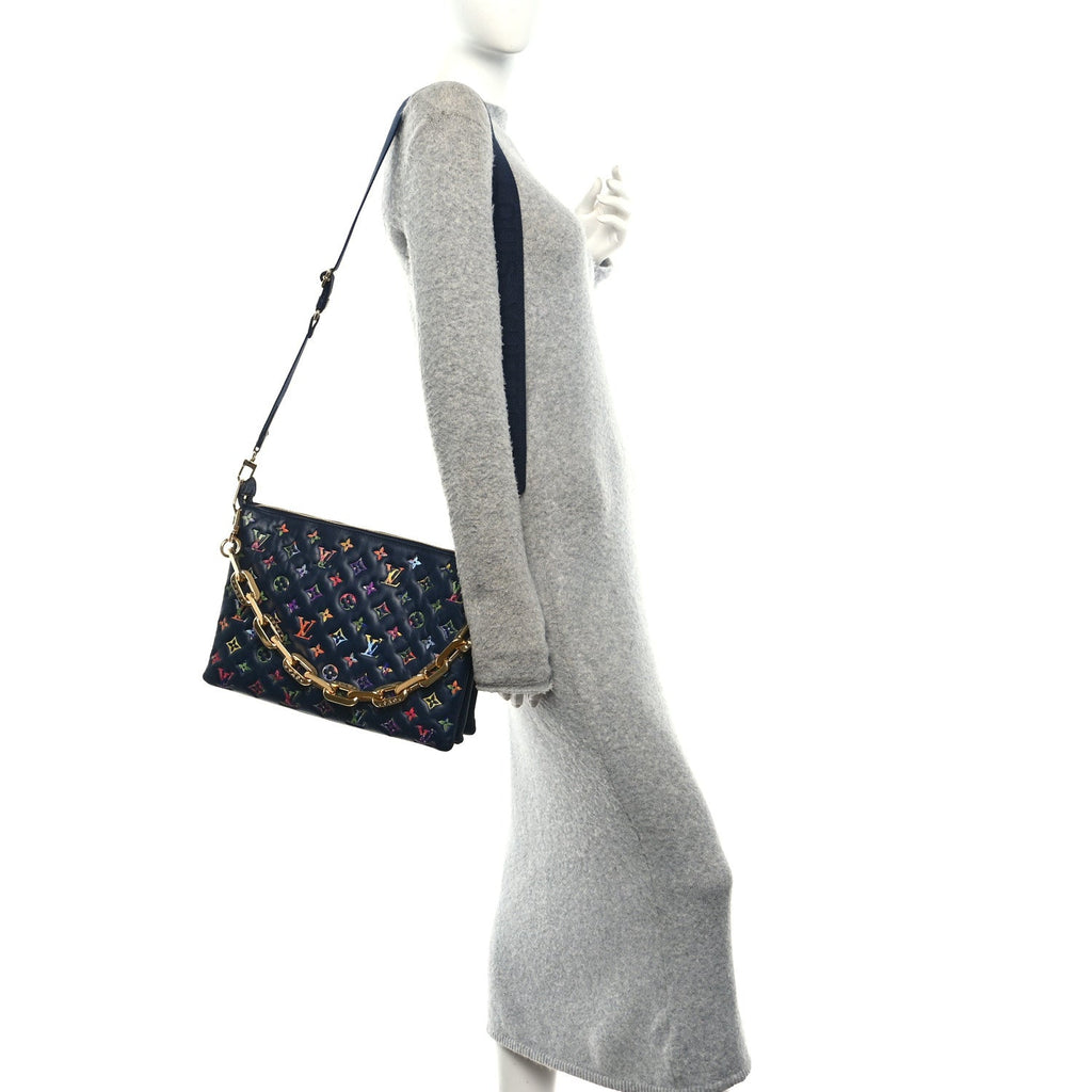Louis Vuitton Lambskin Embossed Monogram LV Garden Coussin MM Navy Blue