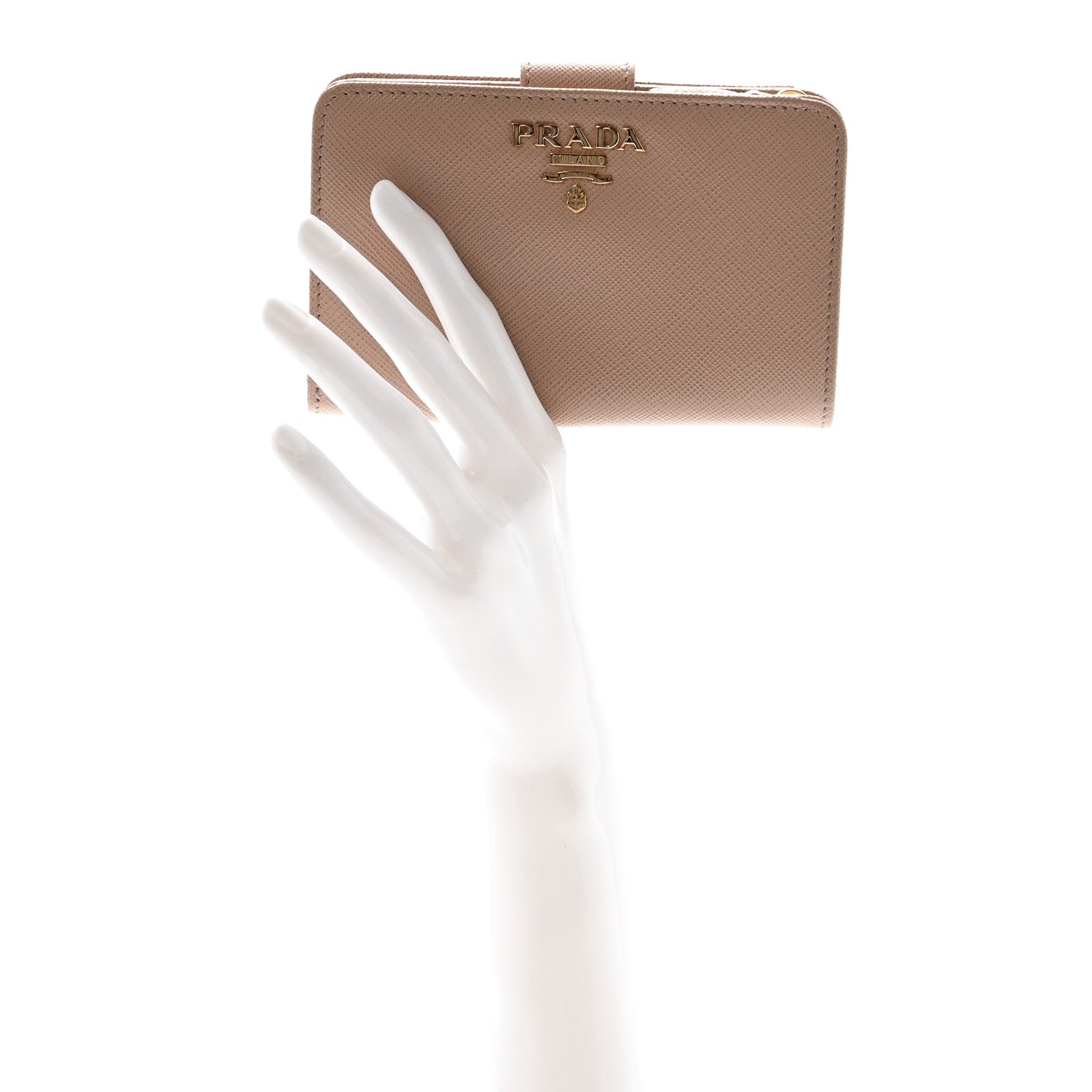 Prada Saffiano Metal Compact Zip Around Wallet Cammeo