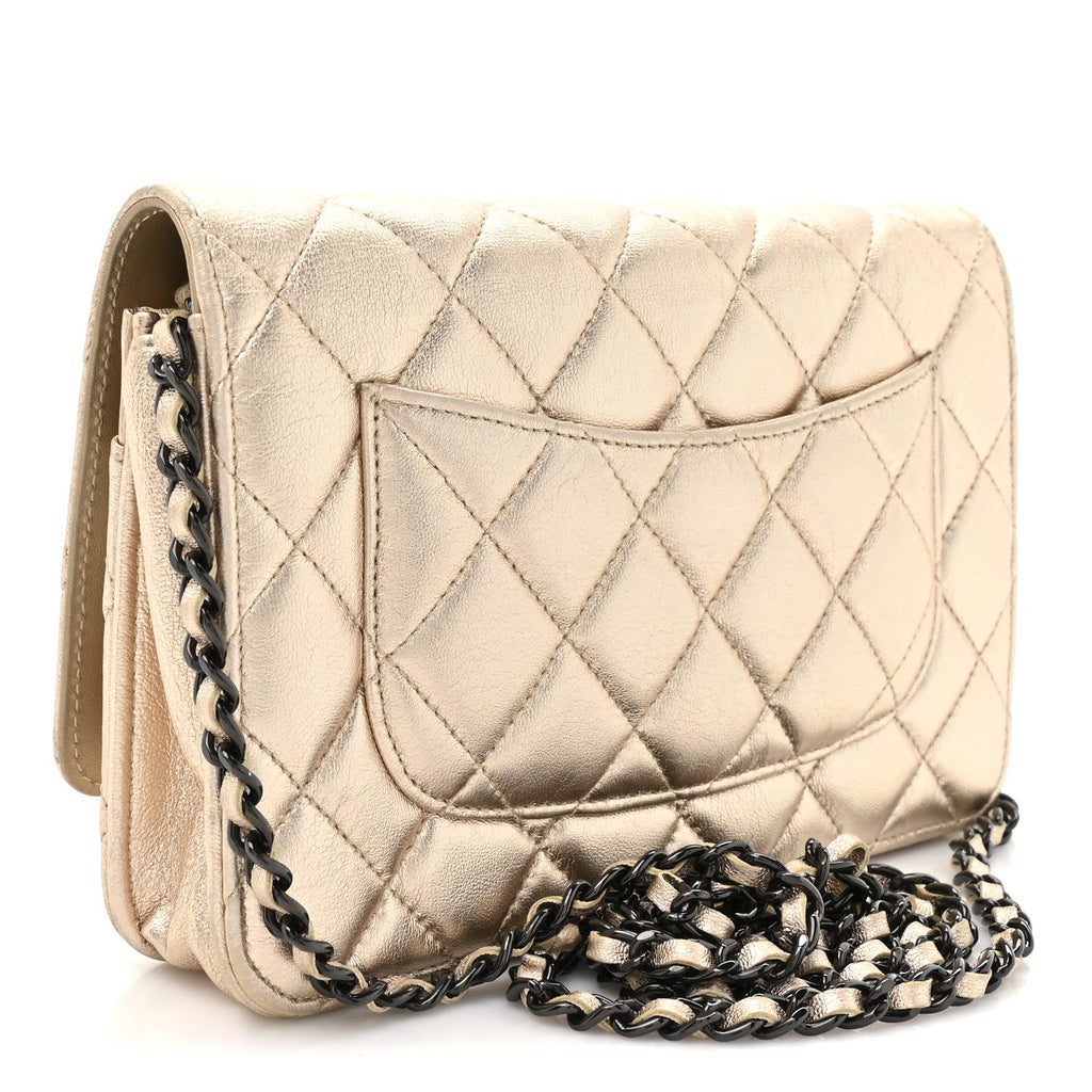 Chanel Metallic Lambskin Quilted Wallet On Chain WOC Gold Black