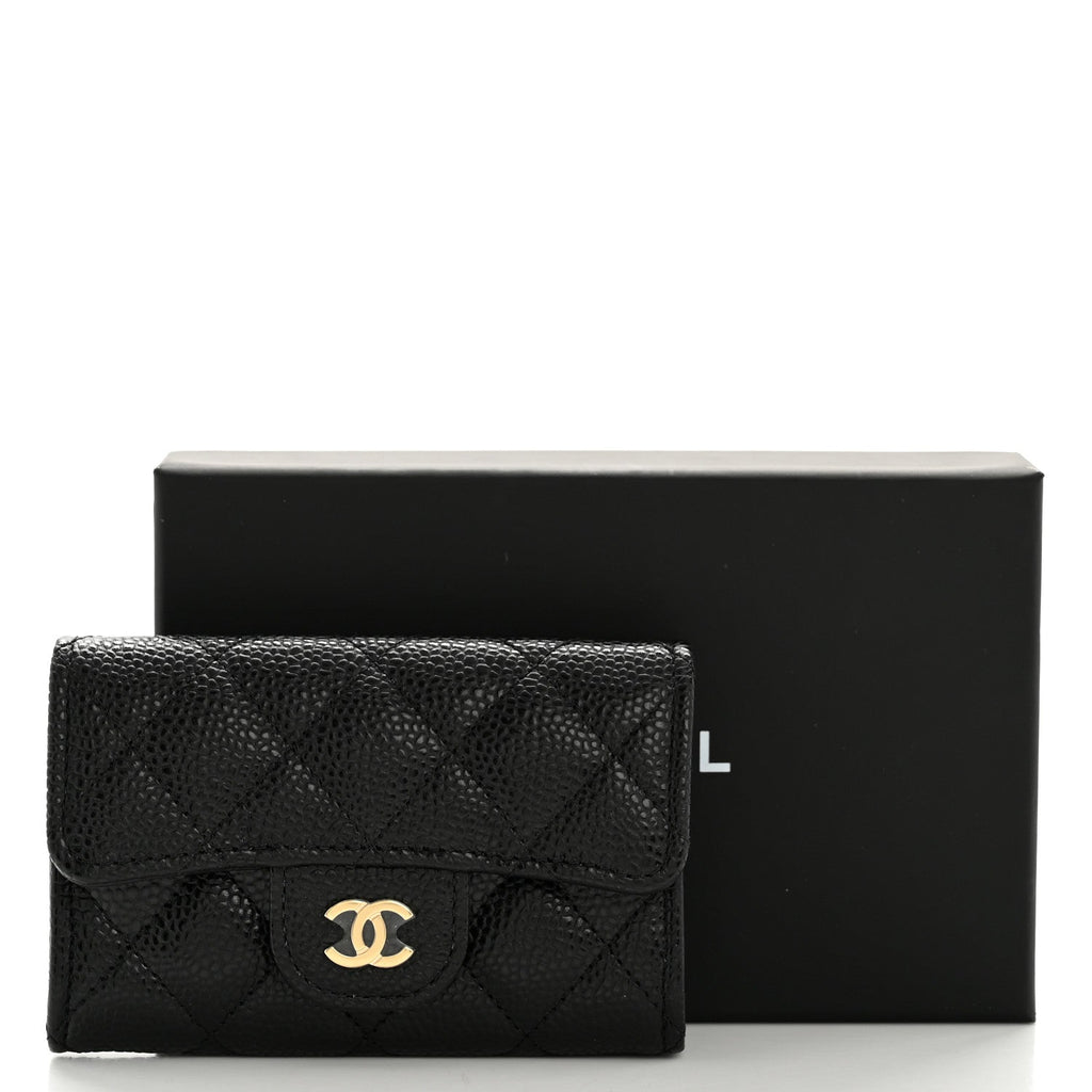 Caviar Quilted Flap Card Holder Wallet Black