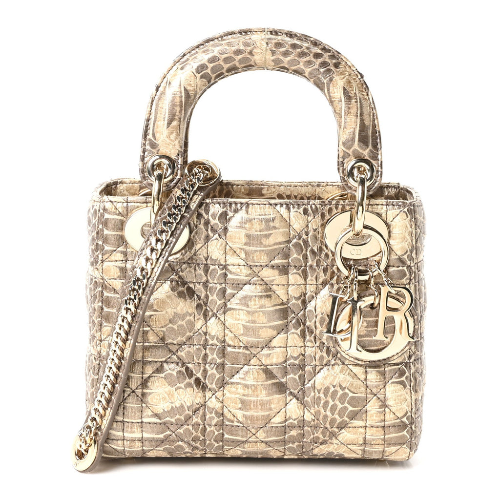 Christian Dior Metallic Snakeskin Cannage Mini Lady Dior Beige