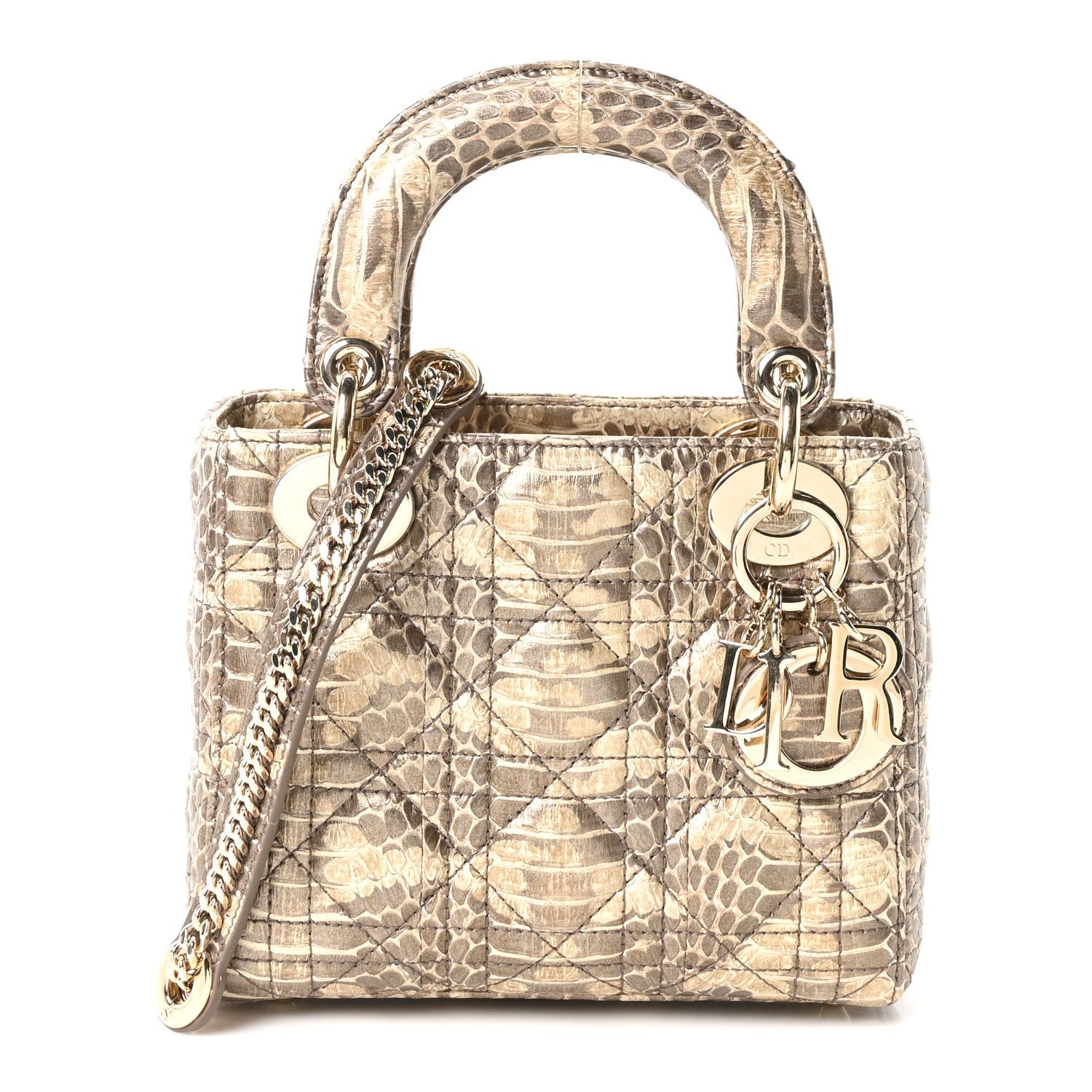 Christian Dior Metallic Snakeskin Cannage Mini Lady Dior Beige