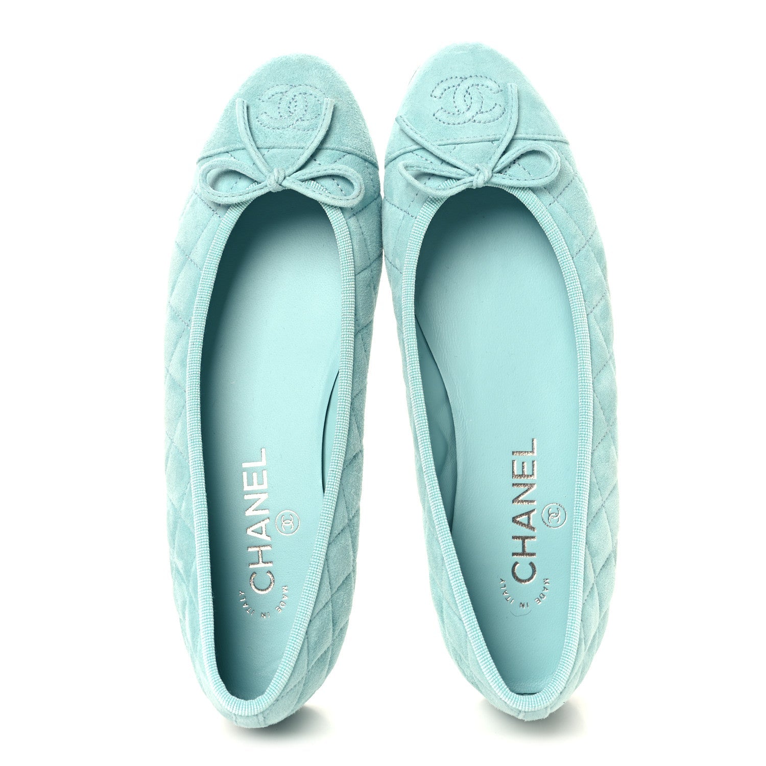 Chanel Suede Calfskin Quilted Cap Toe CC Ballerina Flats 38.5 Light Blue