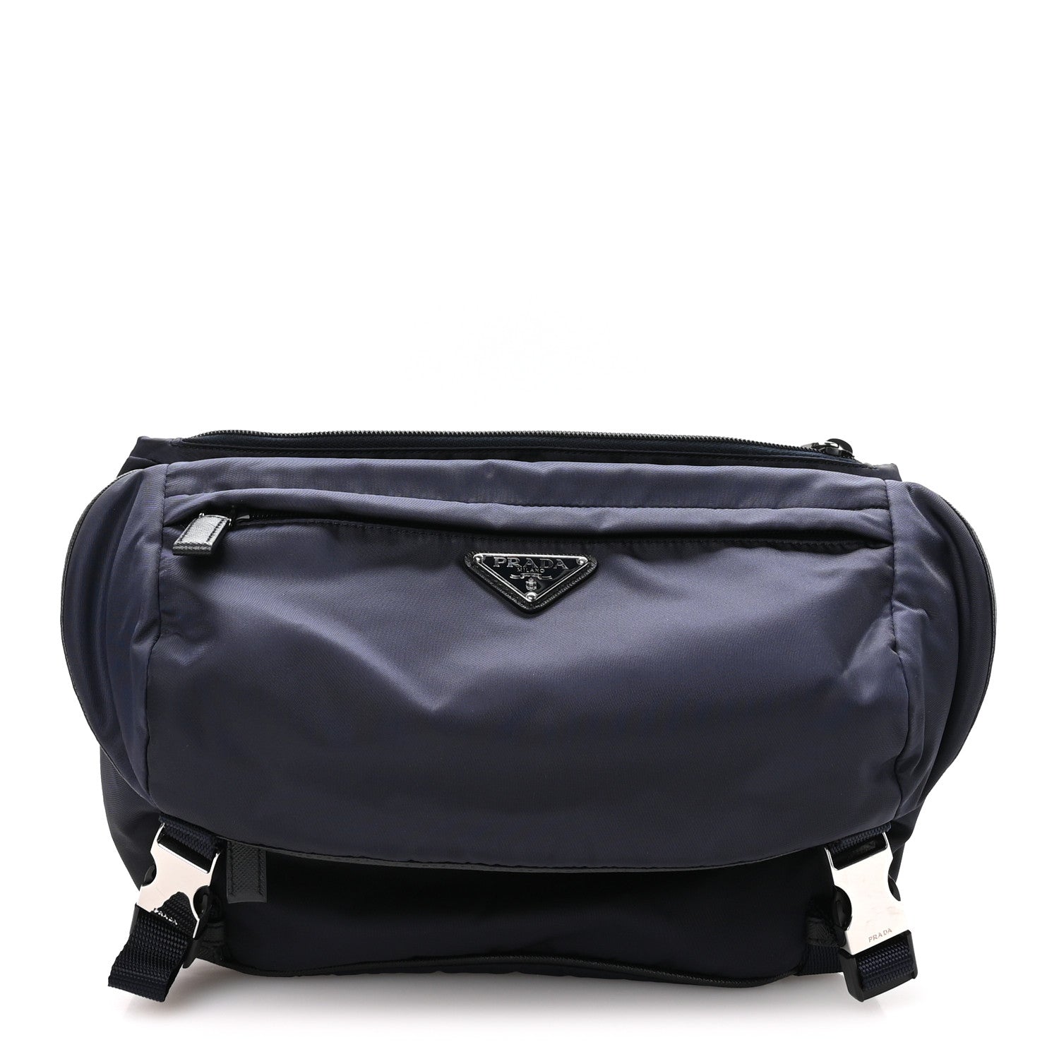 Prada Re-Nylon Saffiano Double Snap Buckle Zip Flap Shoulder Bag Bleu
