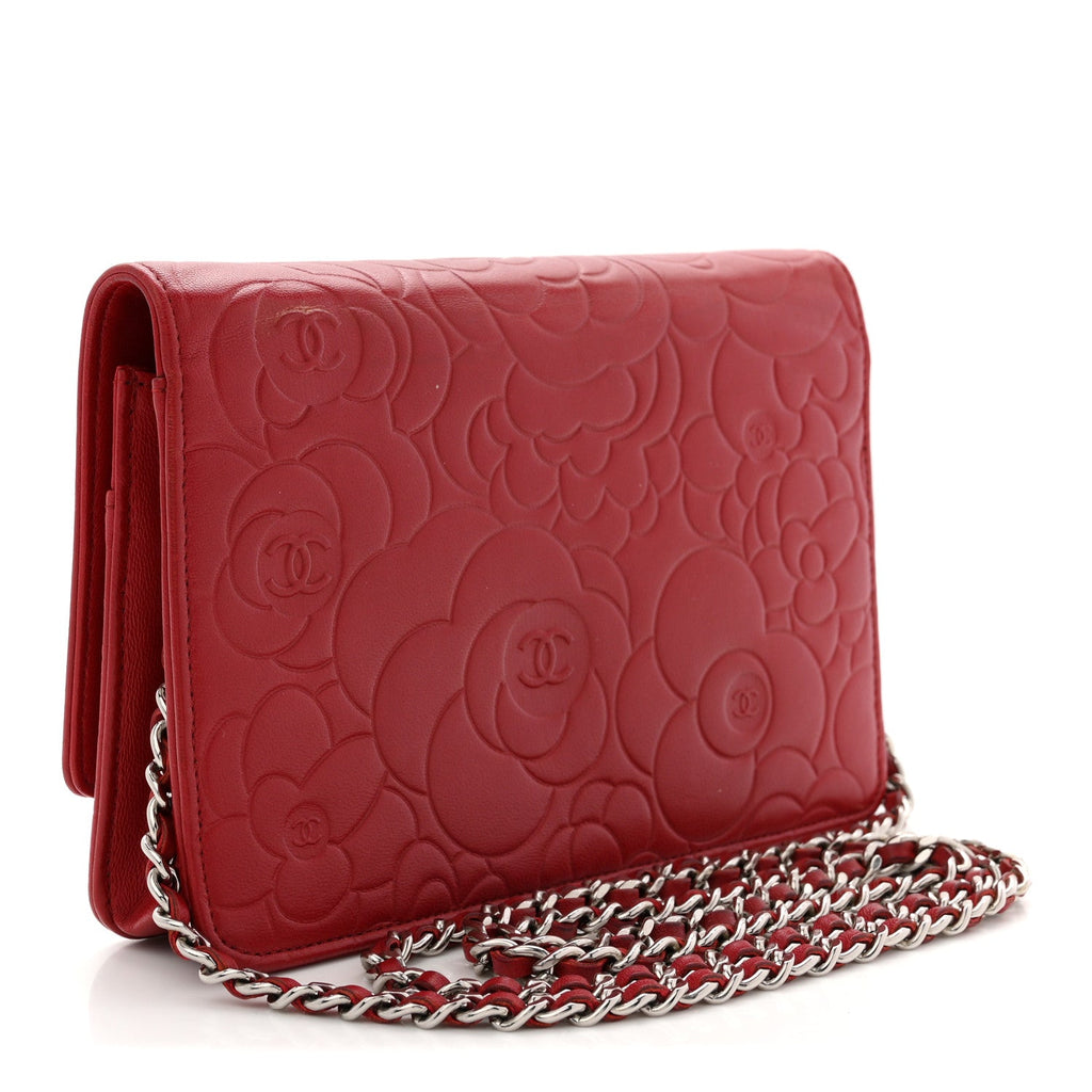 Chanel Lambskin Camellia Embossed Wallet On Chain WOC Red