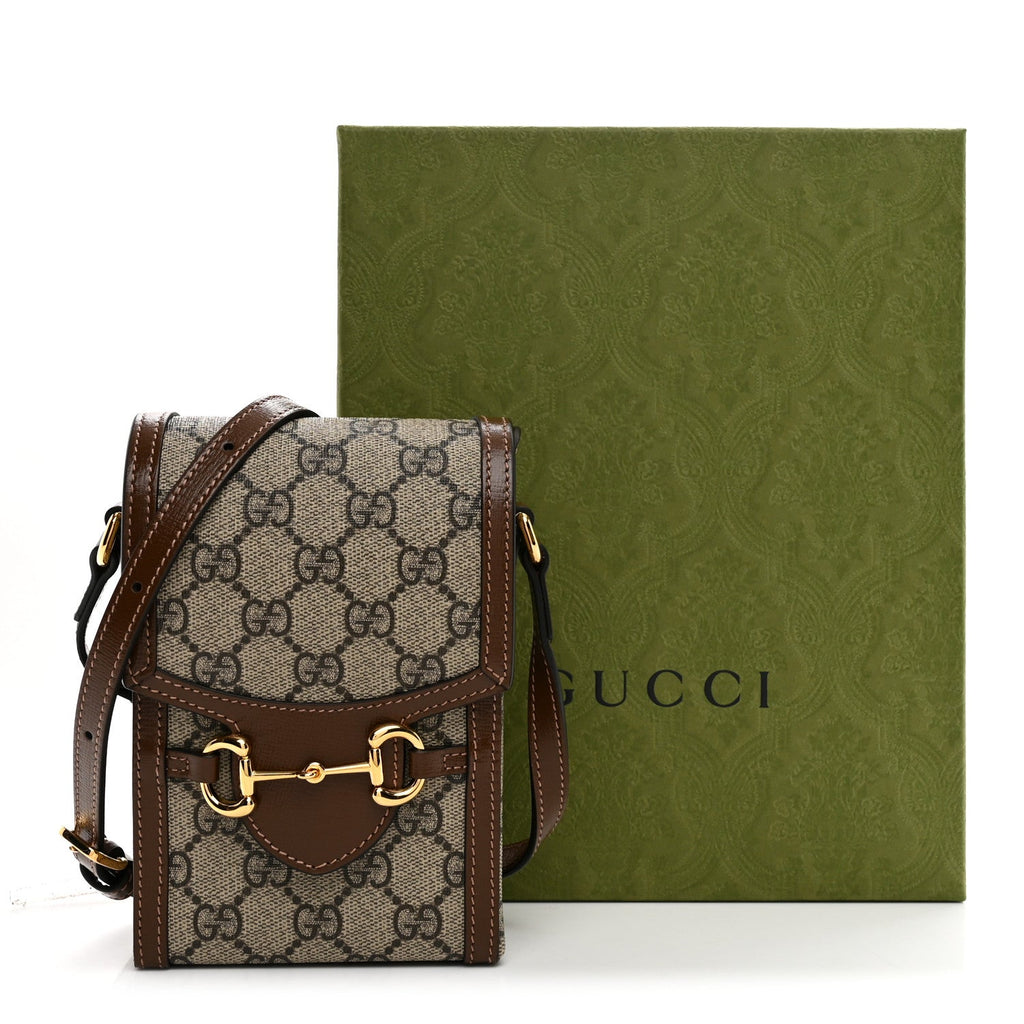 Gucci GG Supreme Monogram Mini Horsebit 1955 Crossbody Bag Beige Brown Sugar