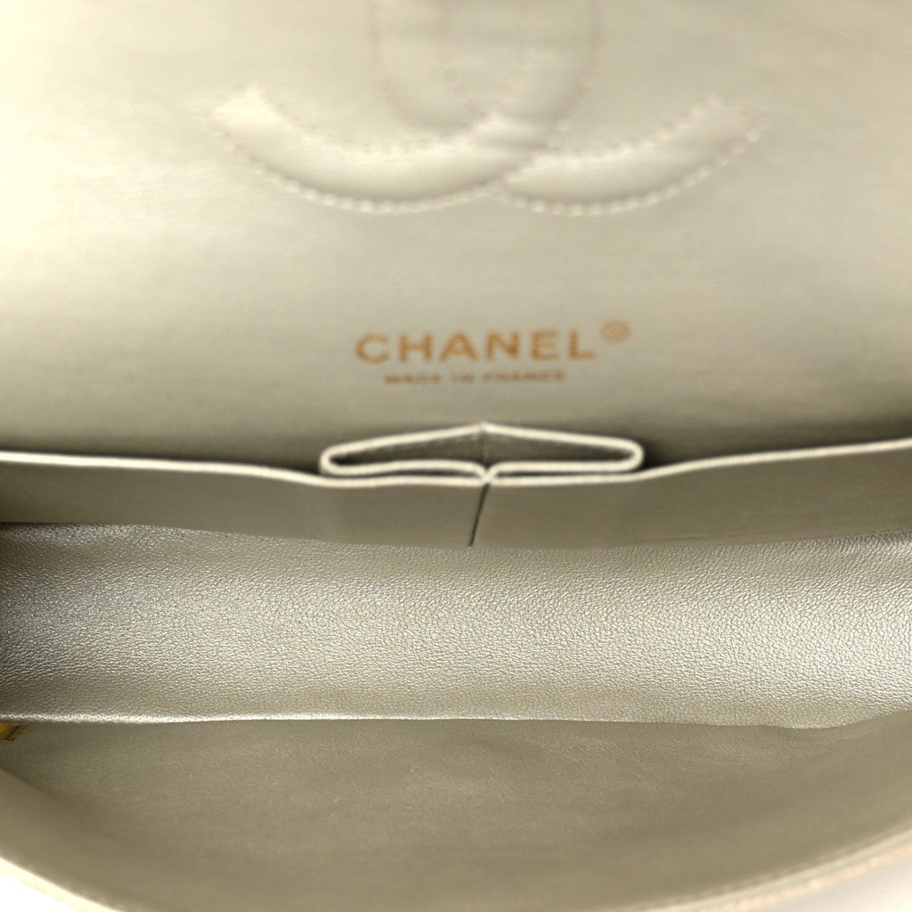 Chanel Metallic Canvas Quilted Medium Double Flap Light Gold