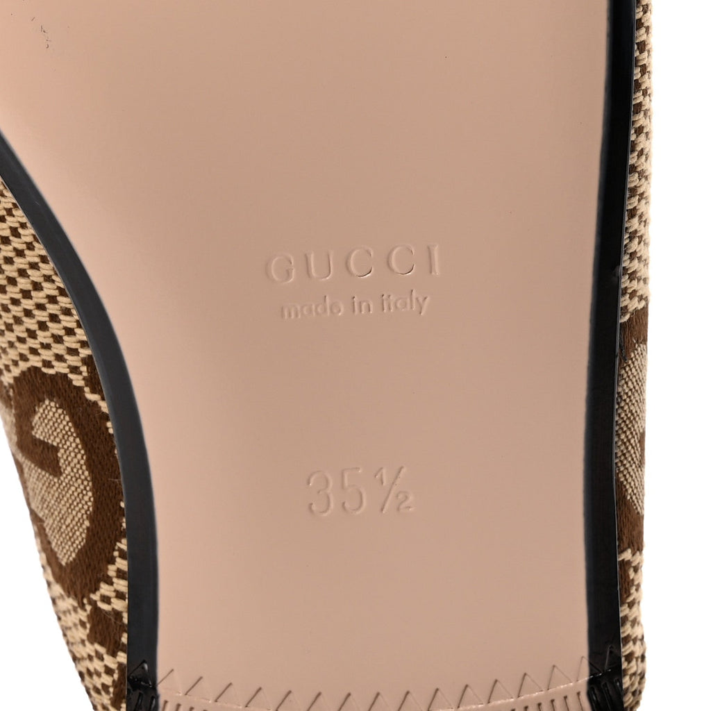 Gucci Monogram Jumbo GG Malaga Kid Womens Princetown Slippers 35.5 Camel Ebony New Acero Beige