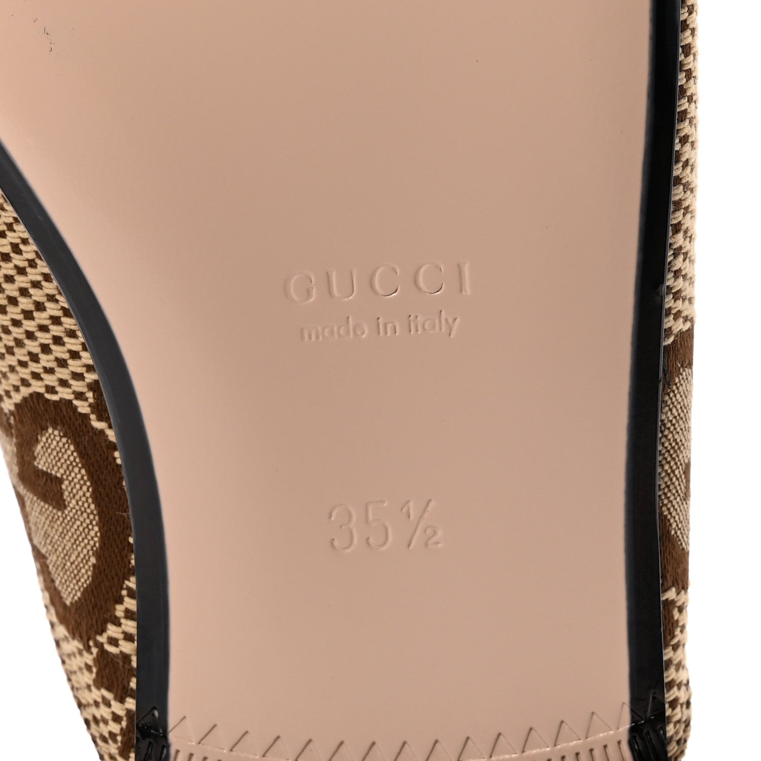 Gucci Monogram Jumbo GG Malaga Kid Womens Princetown Slippers 35.5 Camel Ebony New Acero Beige