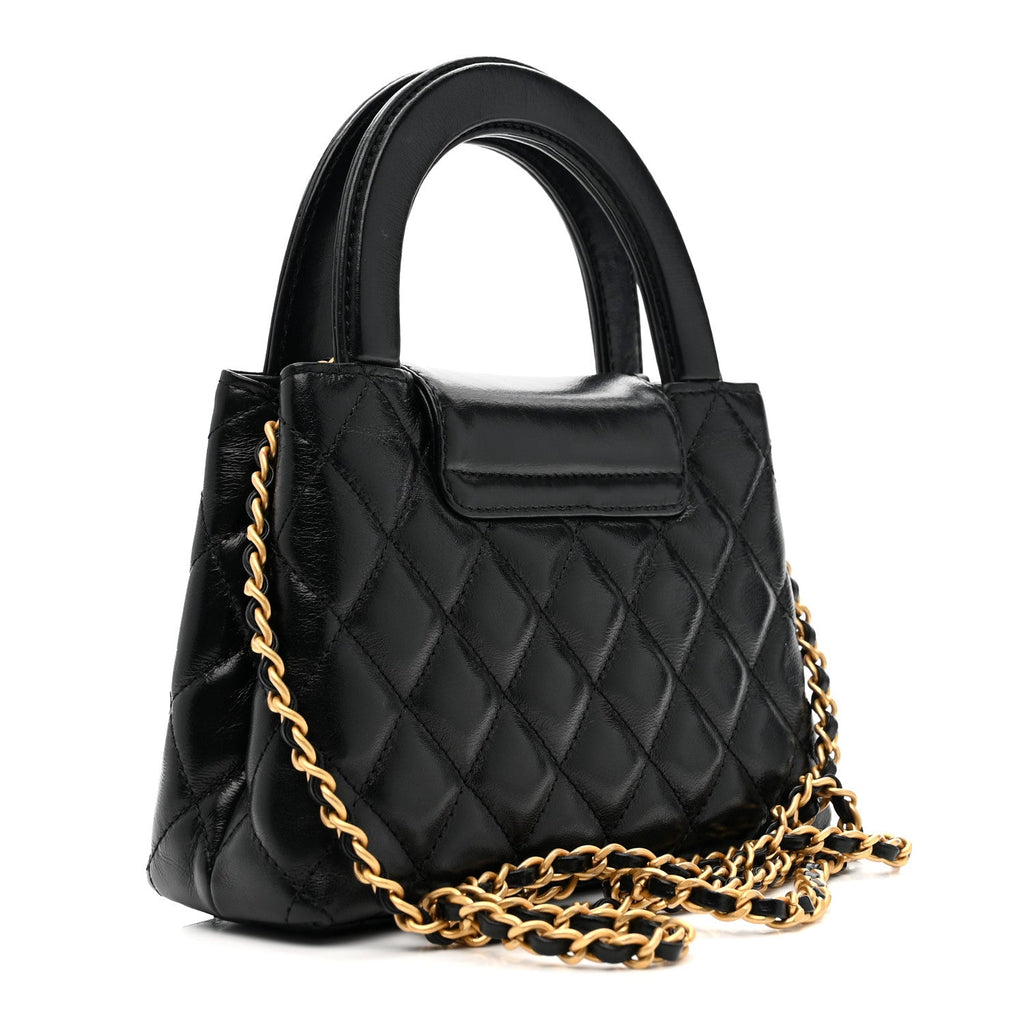 Chanel Shiny Aged Calfskin Quilted Nano Kelly Shopper Black