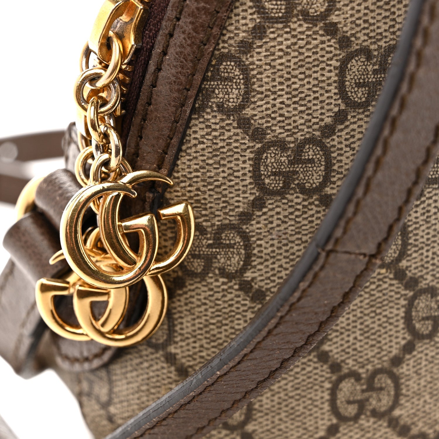 Gucci GG Supreme Monogram Textured Dollar Calfskin Web Small Ophidia Dome Shoulder Bag Beige Ebony New Acero