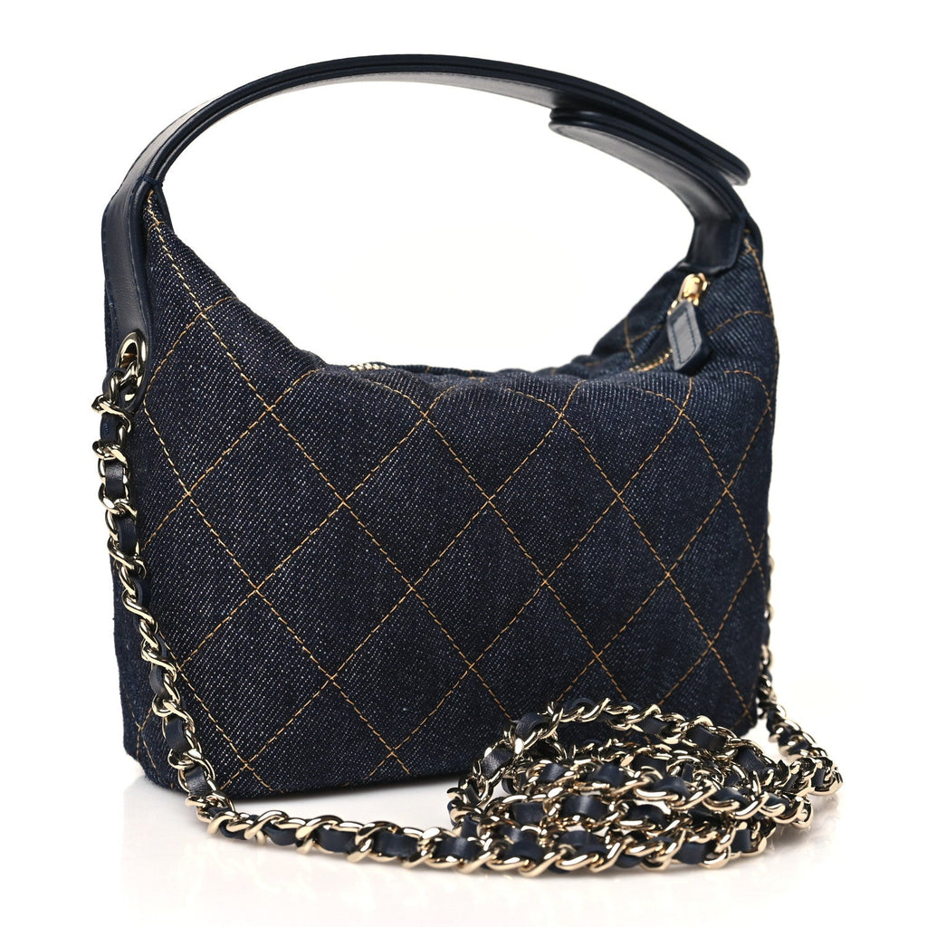 Chanel Denim Quilted Hobo Clutch With Chain Dark Blue Orange
