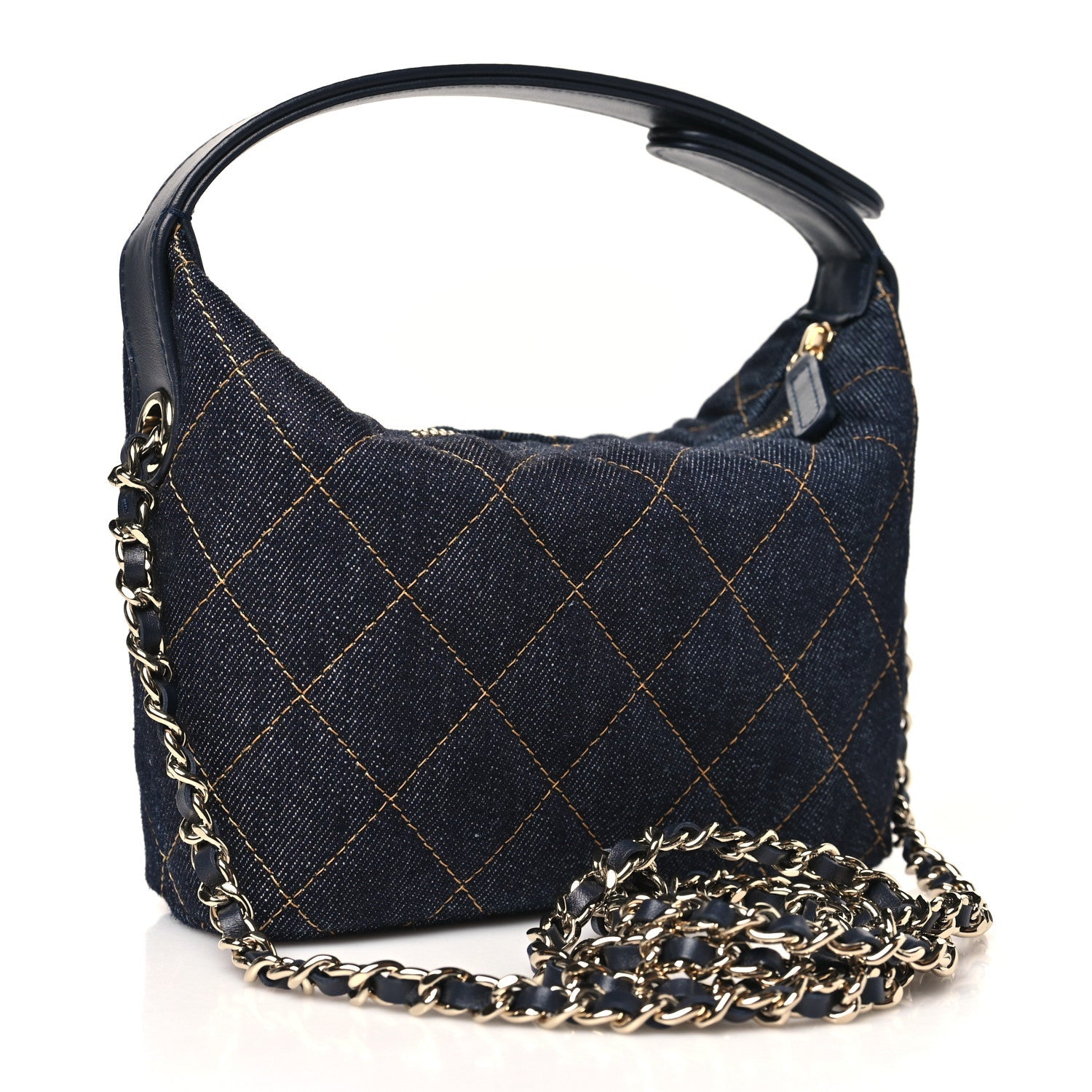 Chanel Denim Quilted Hobo Clutch With Chain Dark Blue Orange
