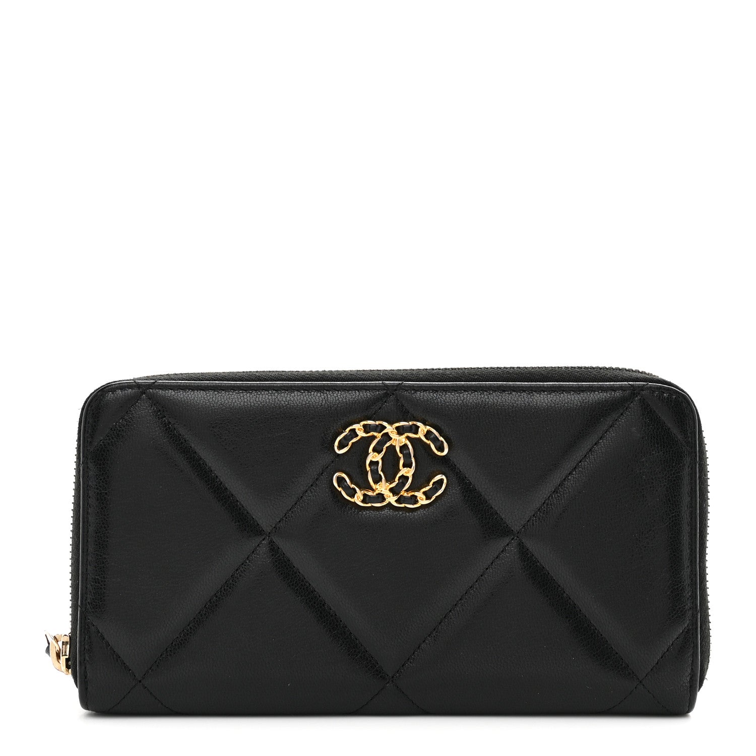 Chanel Shiny Goatskin Quilted Chanel 19 Long Zipped Around Wallet Black