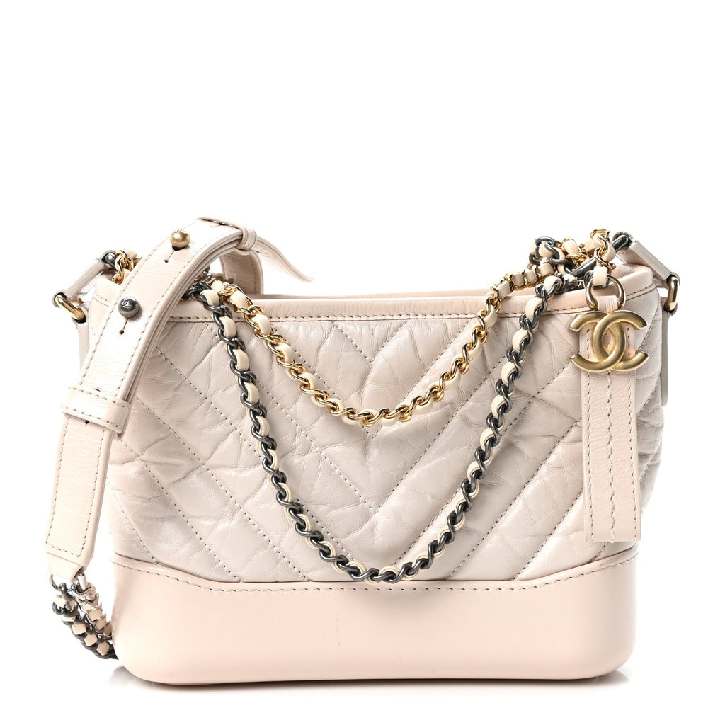 Chanel Aged Calfskin Chevron Quilted Small Gabrielle Hobo Beige