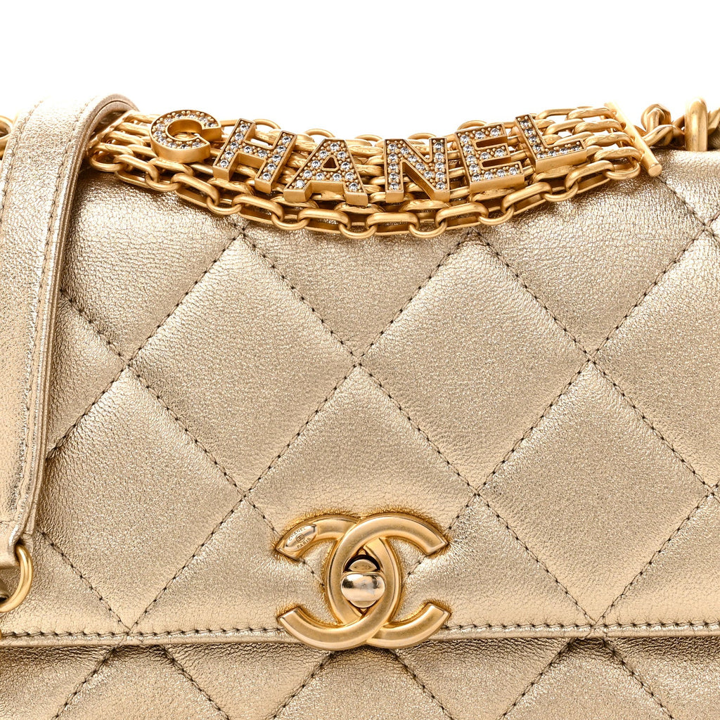 Chanel Metallic Lambskin Quilted Mini CC Crystal Logo Chain Flap Gold