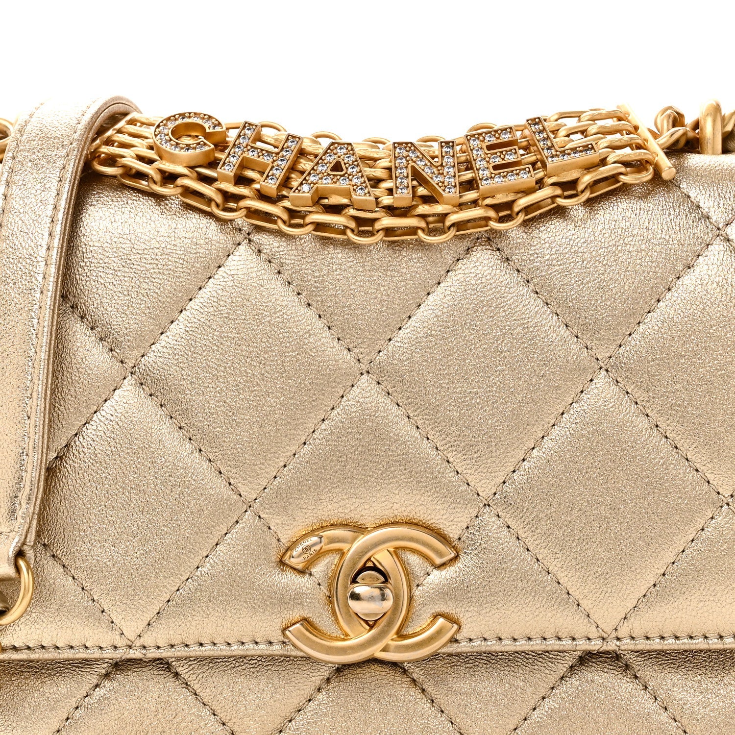 Chanel Metallic Lambskin Quilted Mini CC Crystal Logo Chain Flap Gold
