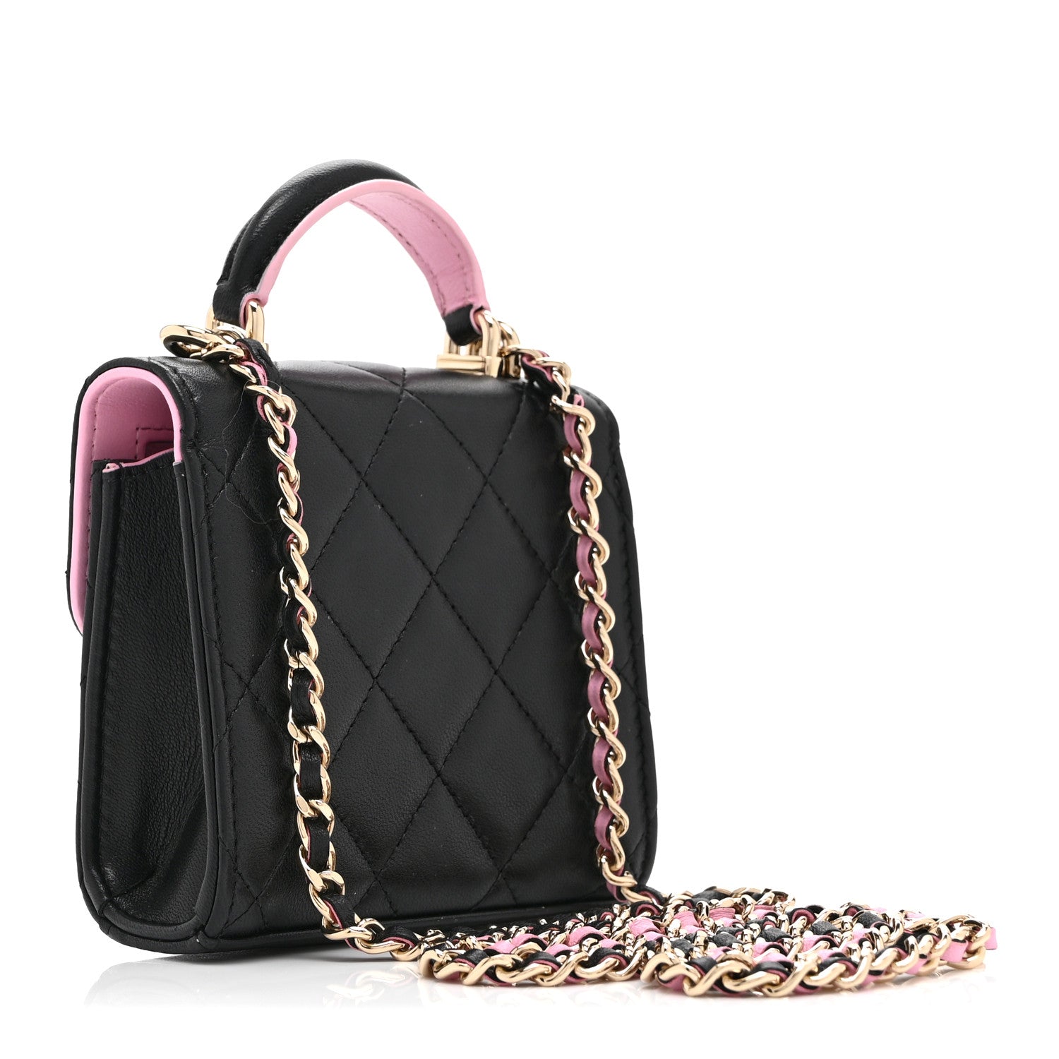 Chanel Lambskin Quilted Bi-Color Top Handle Clutch With Chain Black Pink