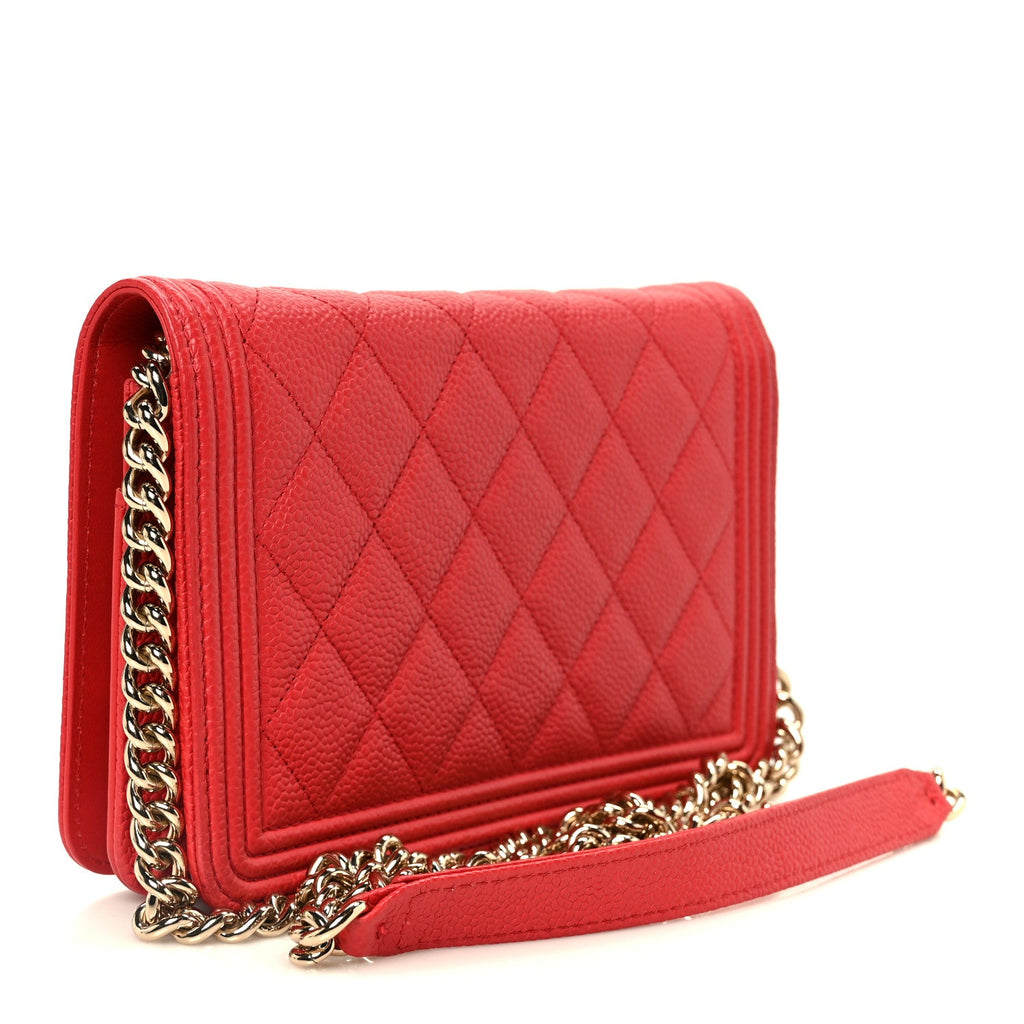 Chanel Caviar Quilted Boy Wallet On Chain WOC Red