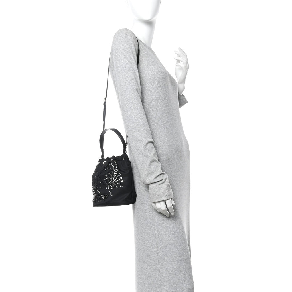 Prada Tessuto Saffiano Ricamo Sequin Crystal Embellished Mini Re-Edition 1978 Bucket Bag Black