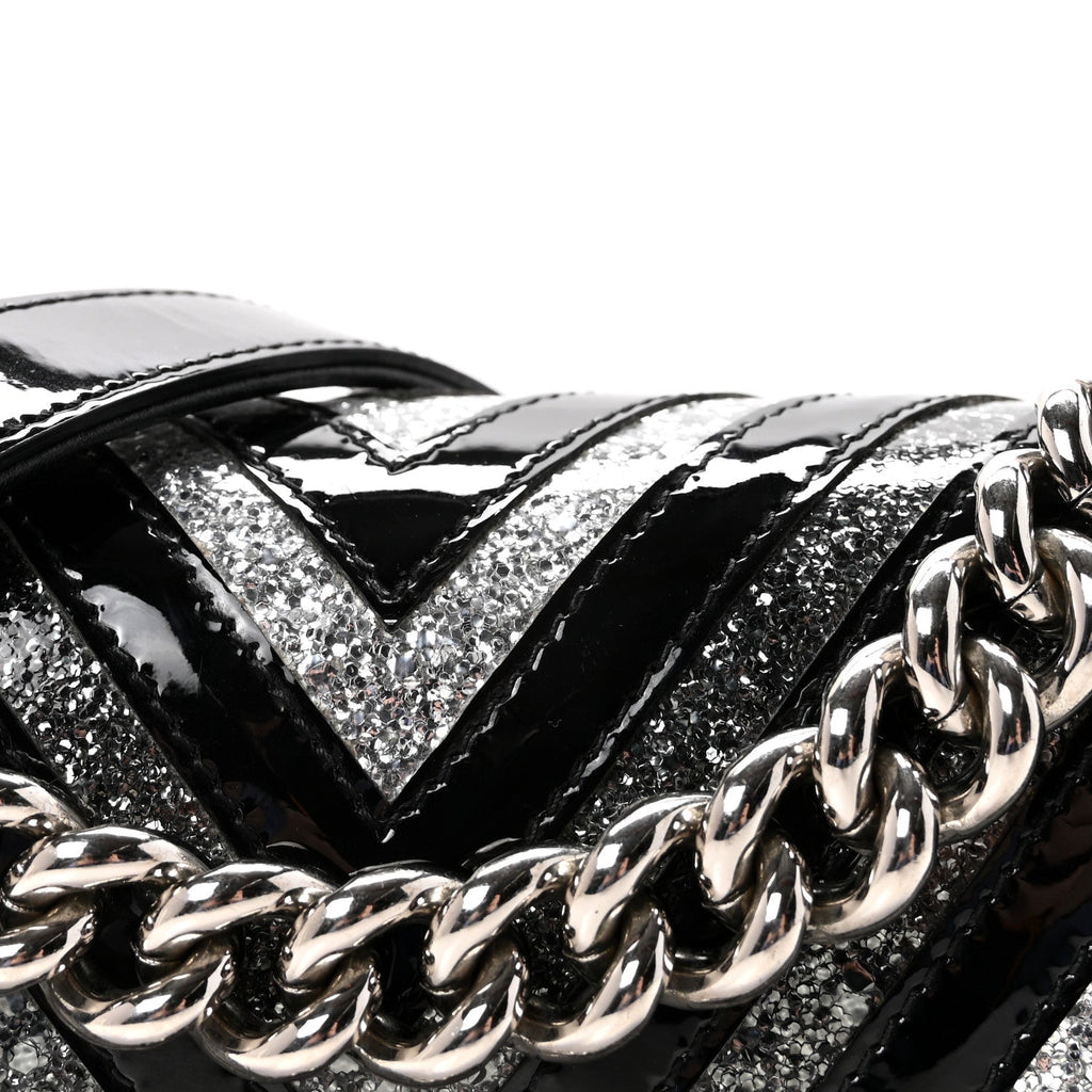 Chanel Patent Glitter PVC Chevron Quilted Small Boy Flap Black Silver