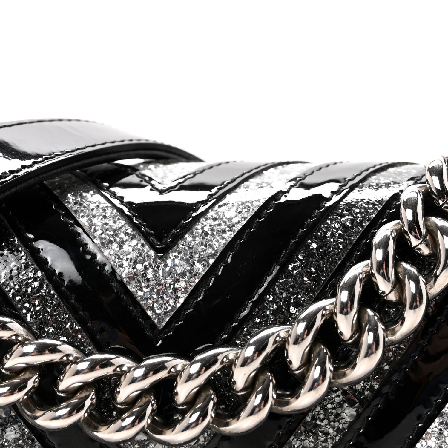Chanel Patent Glitter PVC Chevron Quilted Small Boy Flap Black Silver