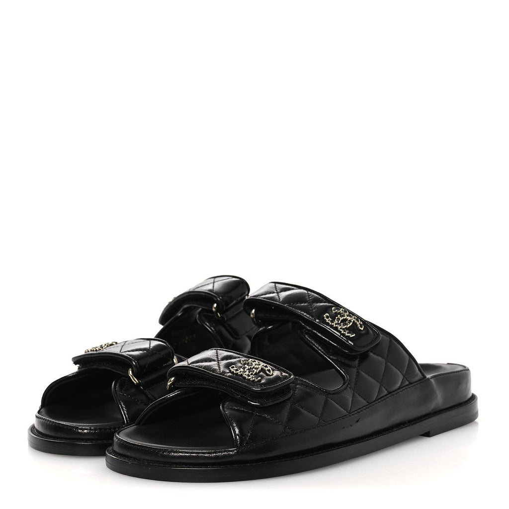 Lambskin Quilted Velcro Dad Chain CC Slide Sandals 38.5 Black