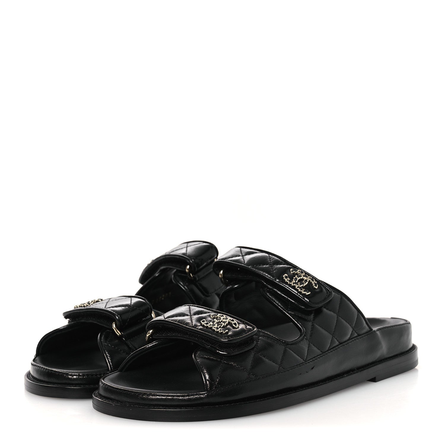 Lambskin Quilted Velcro Dad Chain CC Slide Sandals 38.5 Black