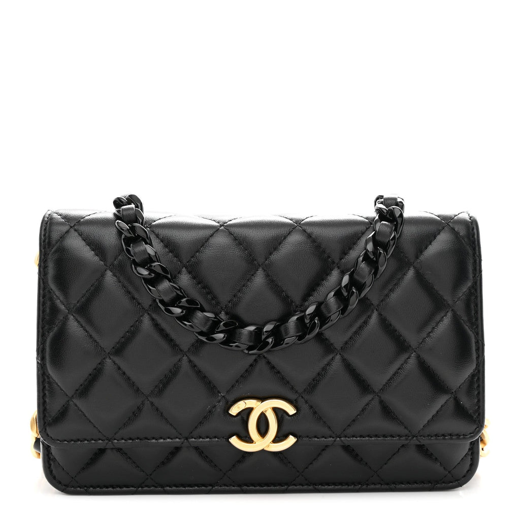 Chanel Lambskin Resin Quilted Wallet On Chain WOC Black