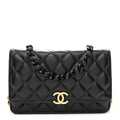 Chanel Lambskin Resin Quilted Wallet On Chain WOC Black